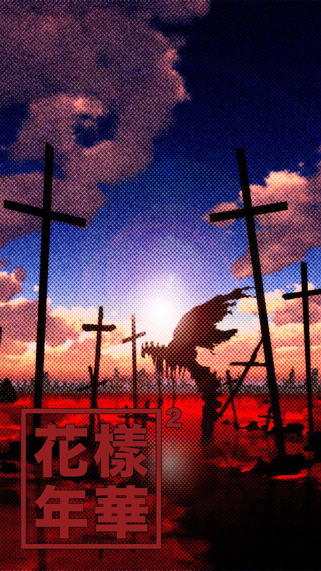 新世紀福音戰士 桌布 壁紙 — 戲劇性的動漫風格日落場景，剪影的十字架和帶翅膀的人物映襯著火紅和深藍色的天空。