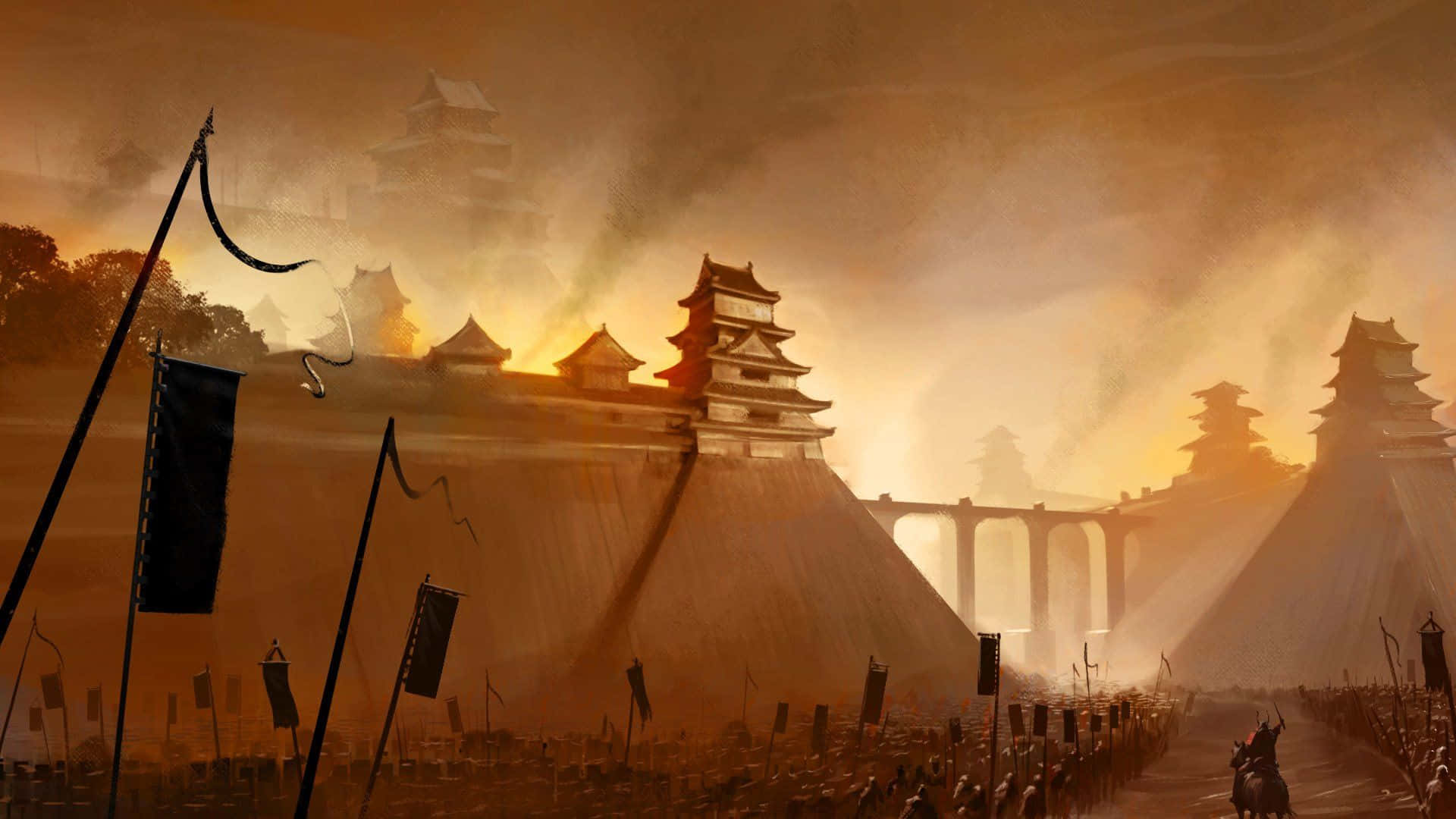 Shogun 桌布 壁紙 — 戲劇性的夕陽將廣闊的古代日本城堡建築群沐浴在溫暖的琥珀色光芒中，剪影般的旗幟和士兵在下方行進。