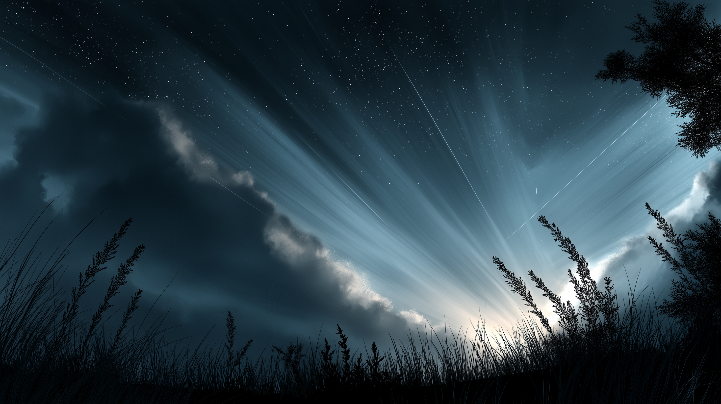 field 桌布 壁紙 — 戲劇性的夜空，有耀眼的光束穿過黑暗的雲層，映襯著剪影般的草地和樹枝。