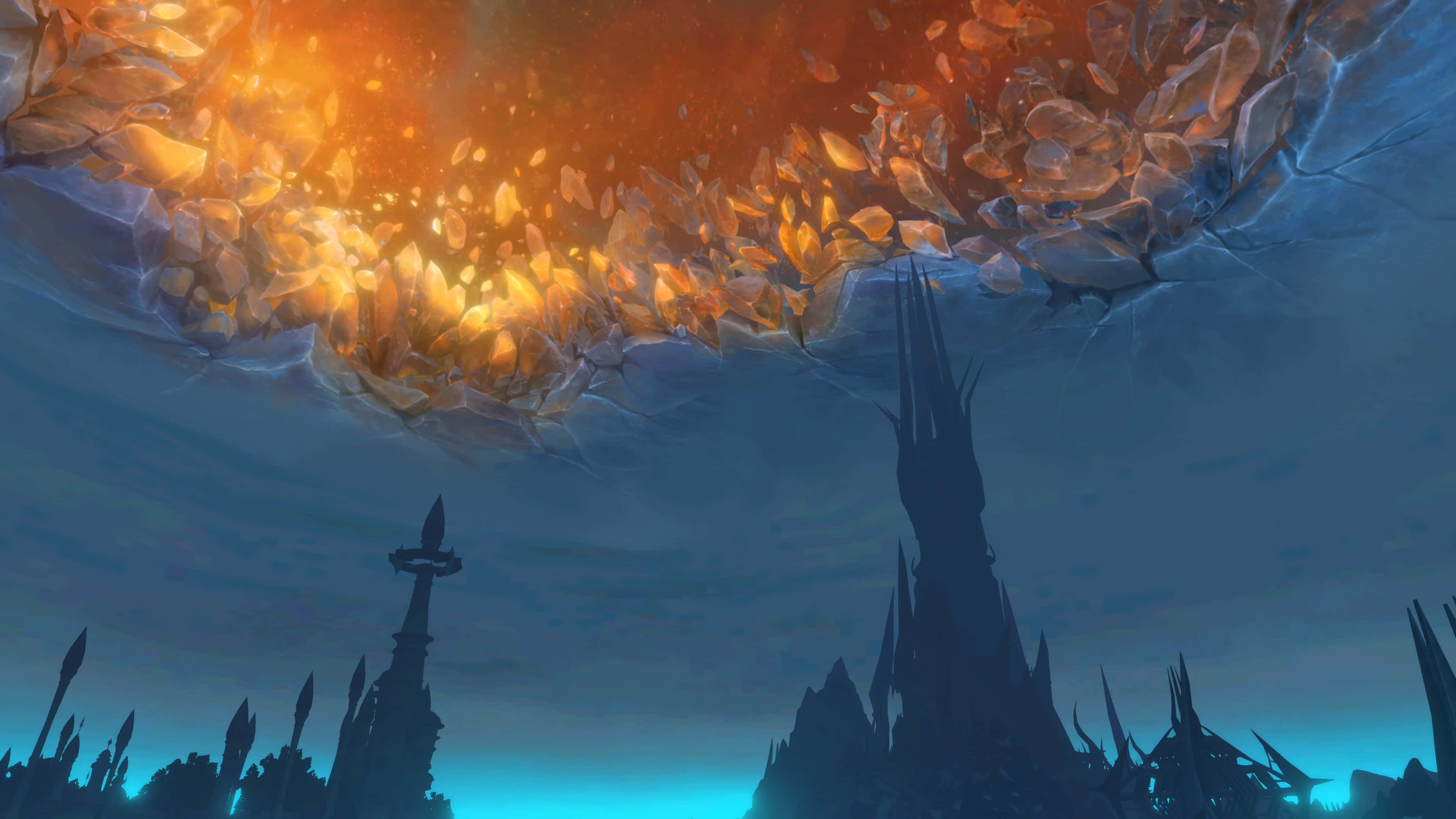 World Of Warcraft Shadowlands 桌布 壁紙 — 戲劇性的奇幻天空，發光的橙色水晶碎片在鋸齒狀的黑暗尖塔上方拱起，映襯著藍綠色地平線。
