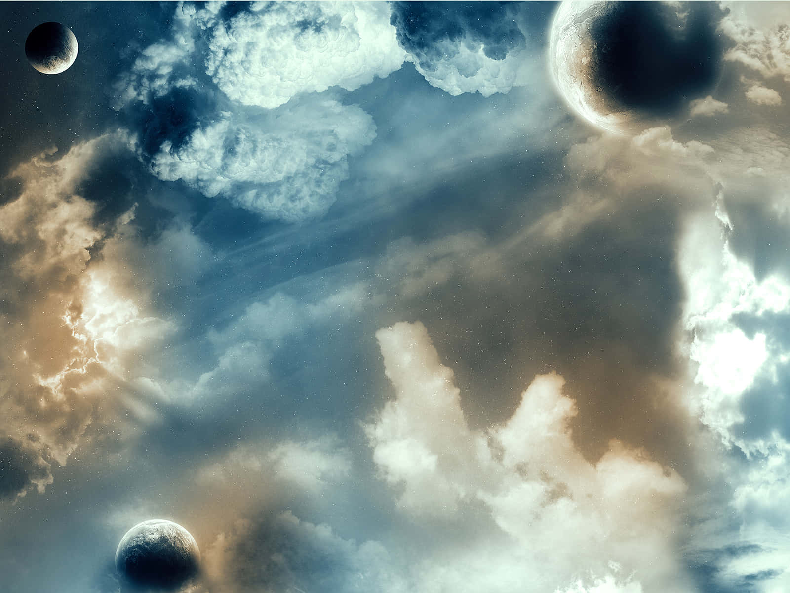 科幻 桌布 壁紙 — 戲劇性的宇宙雲層在廣闊星空場景中圍繞三顆行星旋轉。