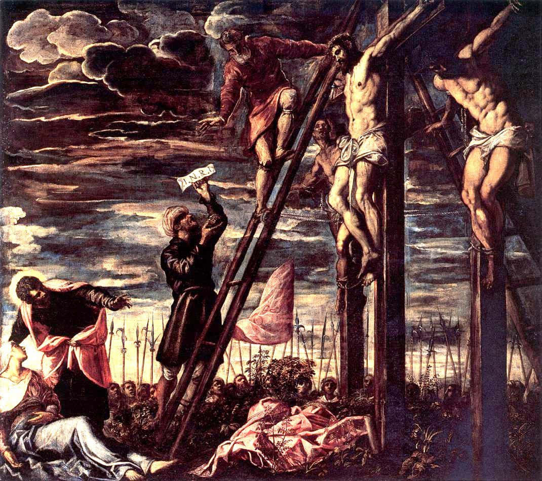 Jesus Crucifixion 桌布 壁紙 — 戲劇性的宗教畫作描繪基督在暴風雨的天空下被釘在兩個盜賊之間，下方有哀悼者。