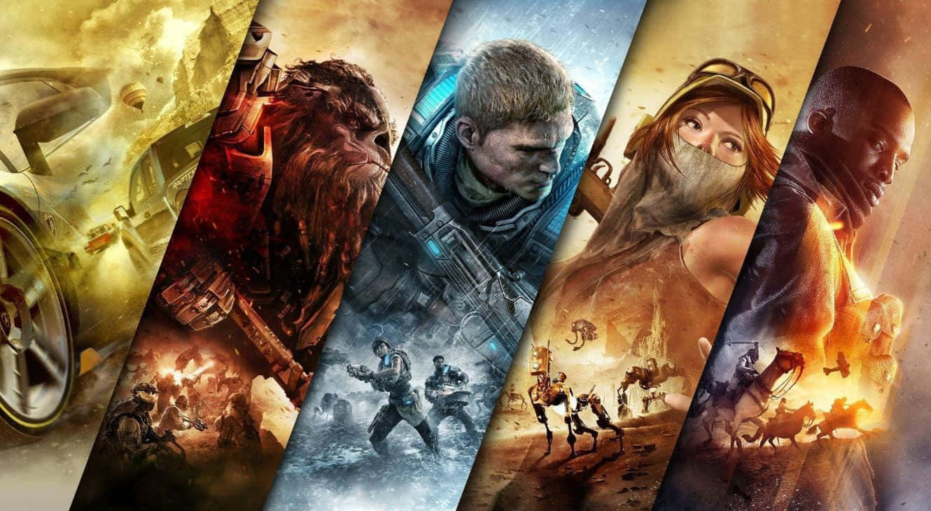 Mobile Gaming 桌布 壁紙 — 戲劇性的對角線面板展示兇猛的戰士和科幻英雄在爆炸性的動作遊戲場景中。