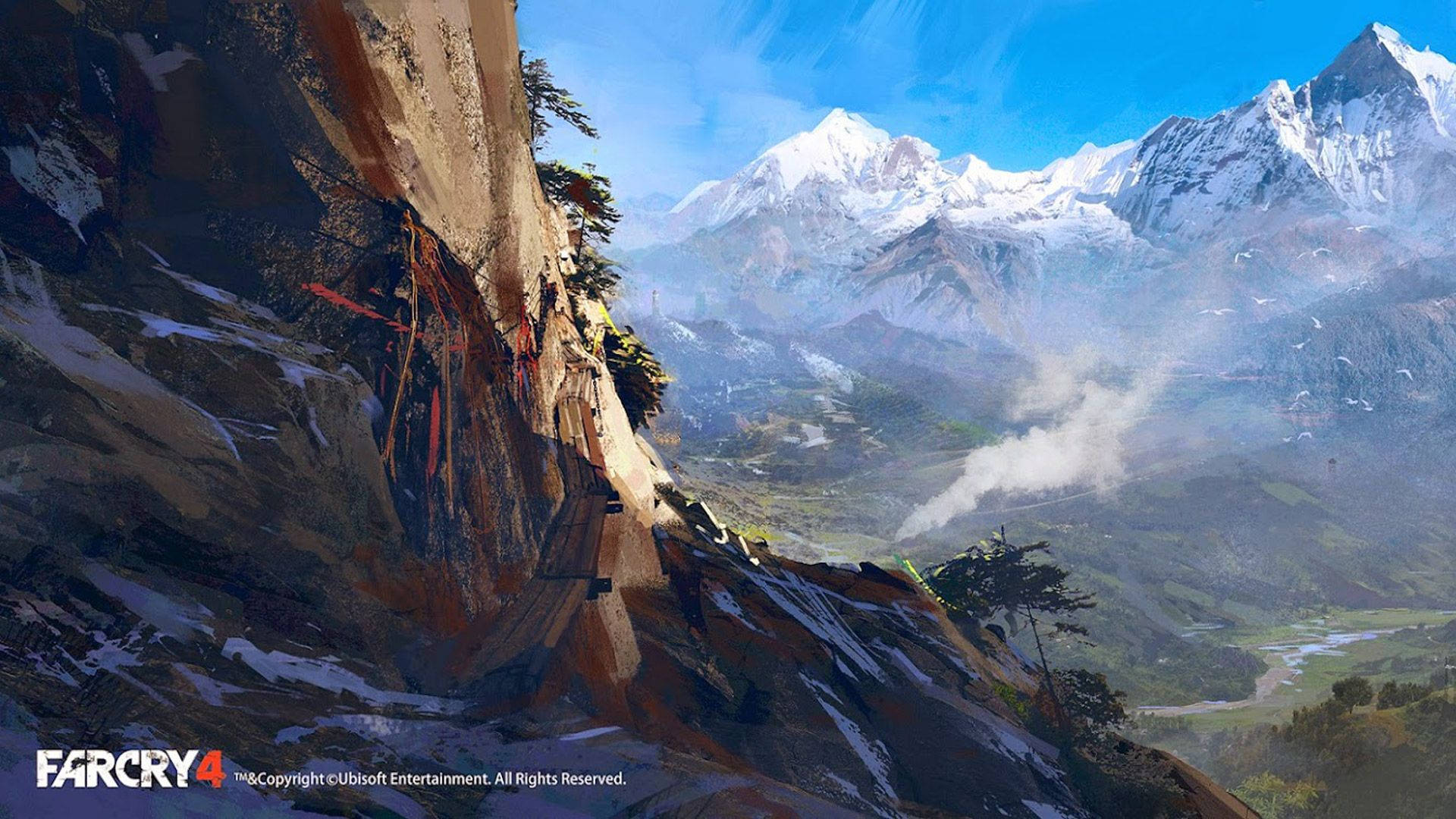 Far Cry 4 桌布 壁紙 — 戲劇性的山景，白雪覆蓋的山峰和蜿蜒的懸崖小徑，在清澈的藍天下。