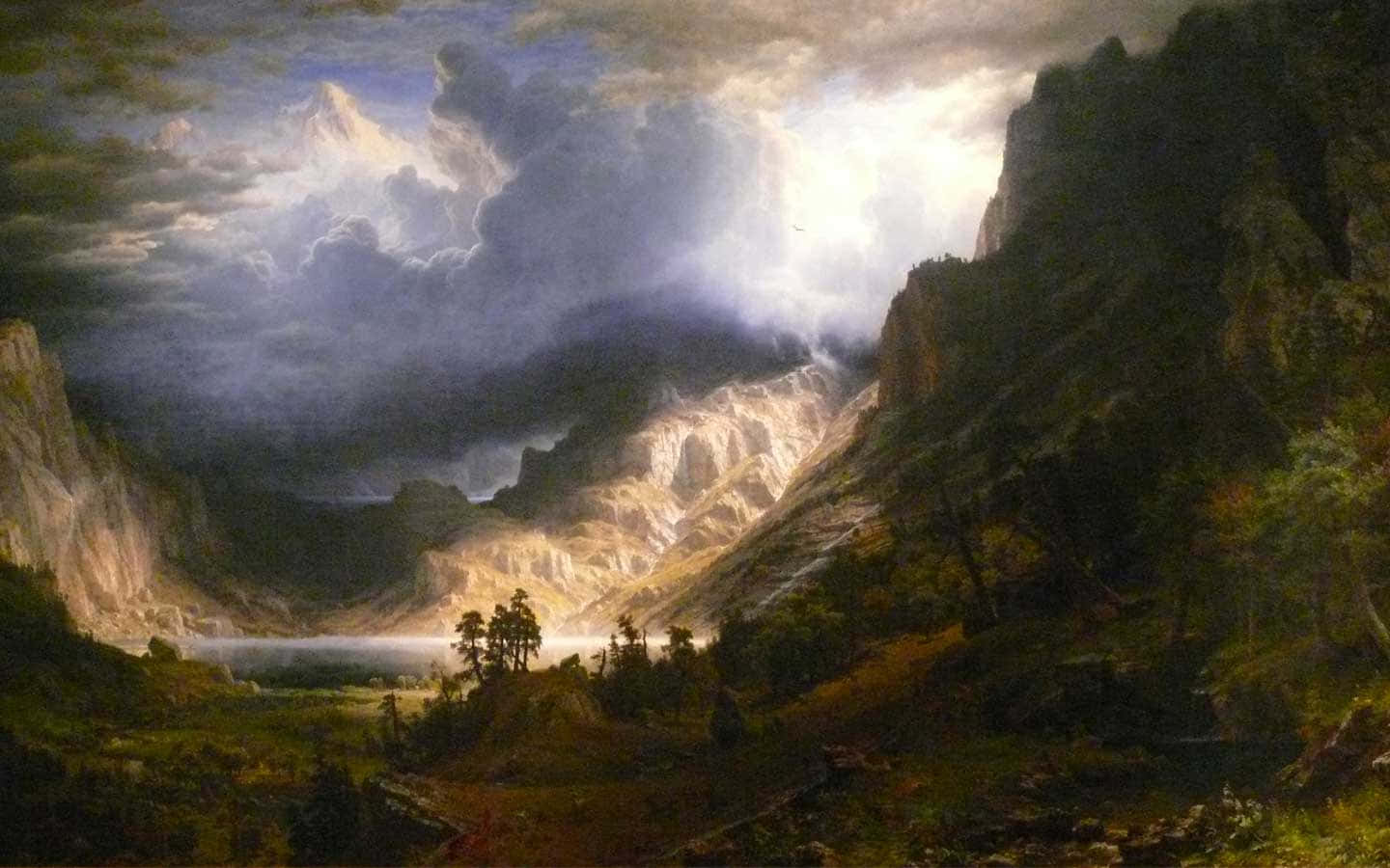 Romanticism 桌布 壁紙 — 戲劇性的山谷，高聳的懸崖和寧靜的湖泊，暴風雨的天空中透出光芒。