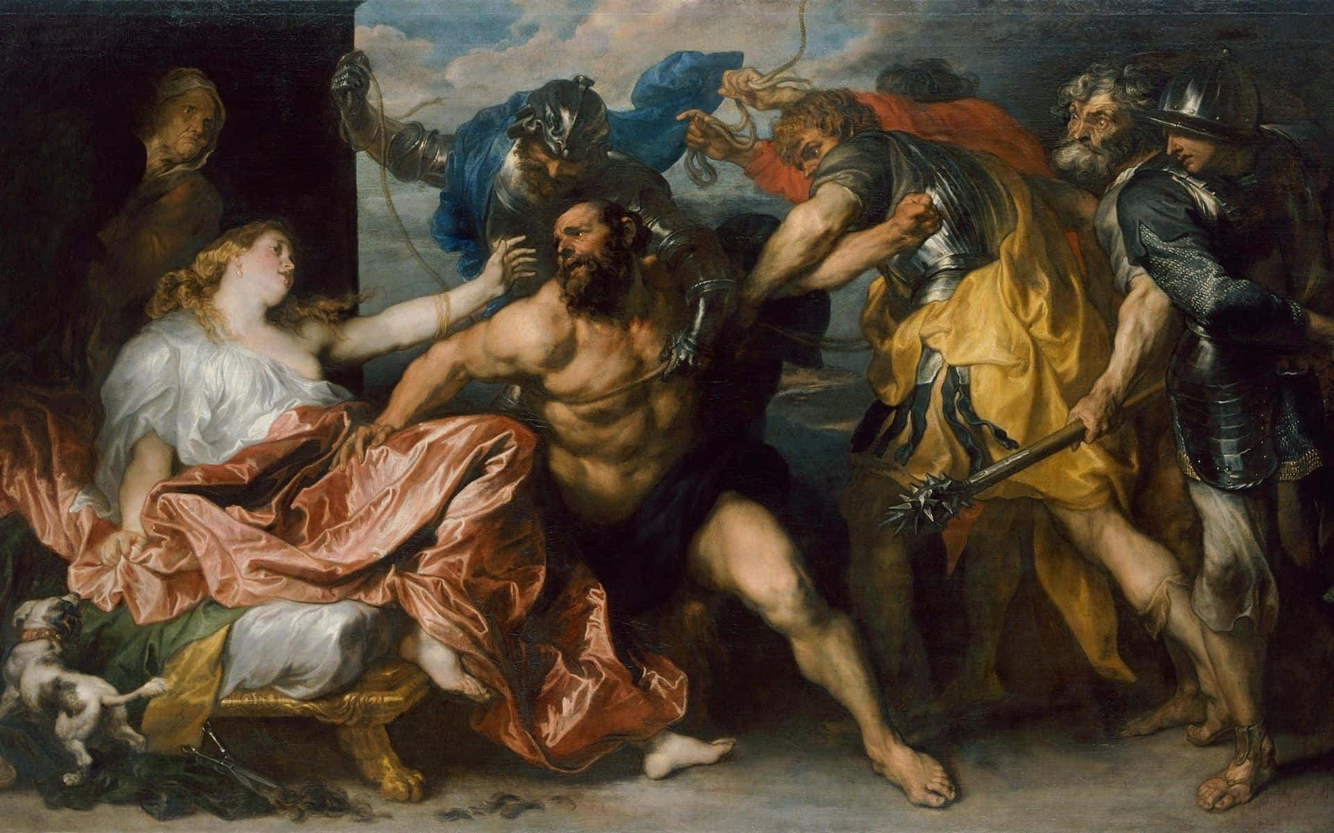 Renaissance 桌布 壁紙 — 戲劇性的巴洛克繪畫展示了一個肌肉發達的男人被武裝男子拖走，而一個穿著白色和紅色帷幔的女人向他懇求。