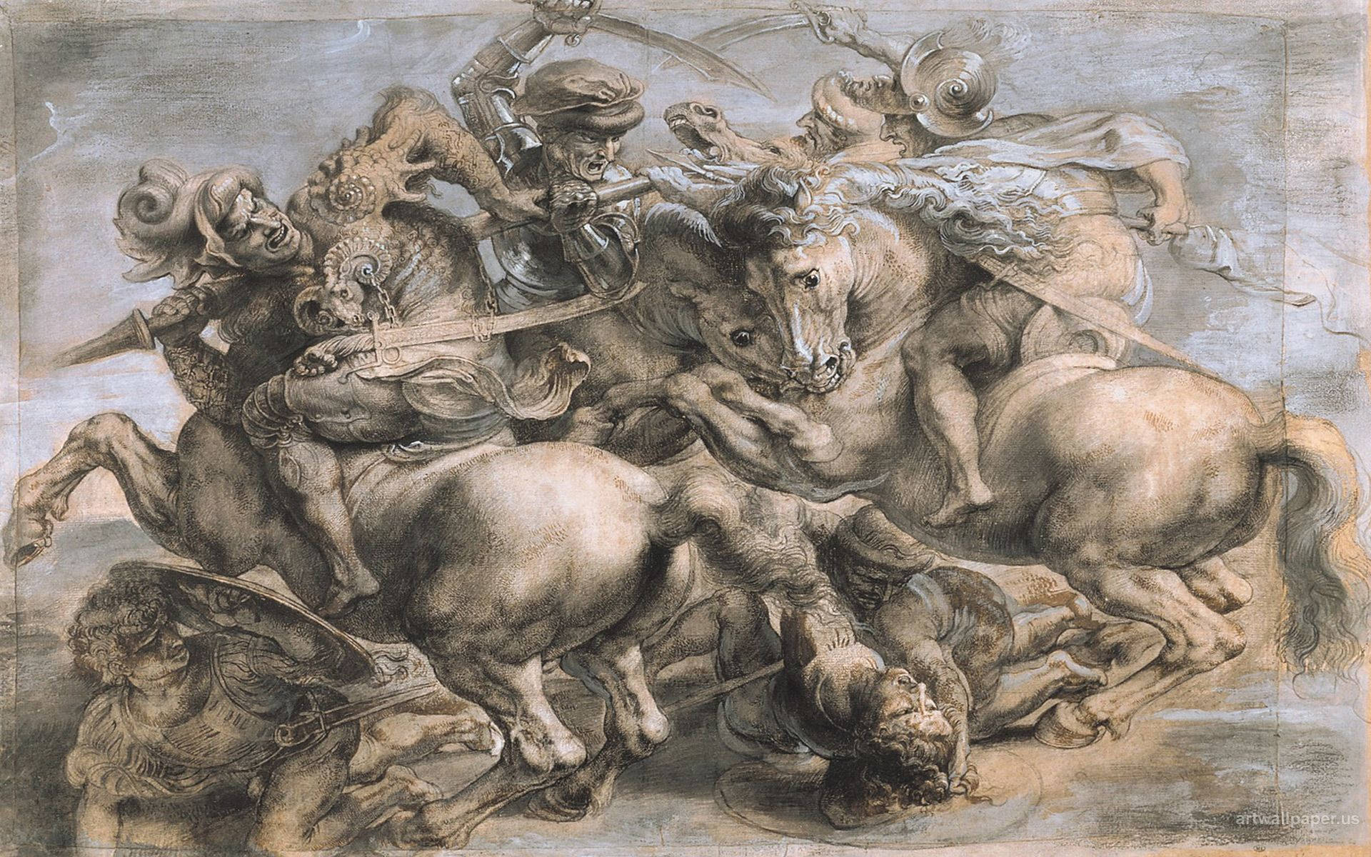 Leonardo Da Vinci 桌布 壁紙 — 戲劇性的戰鬥場景，身穿盔甲的騎士騎在騰躍的馬上，在混亂的戰鬥中衝突。