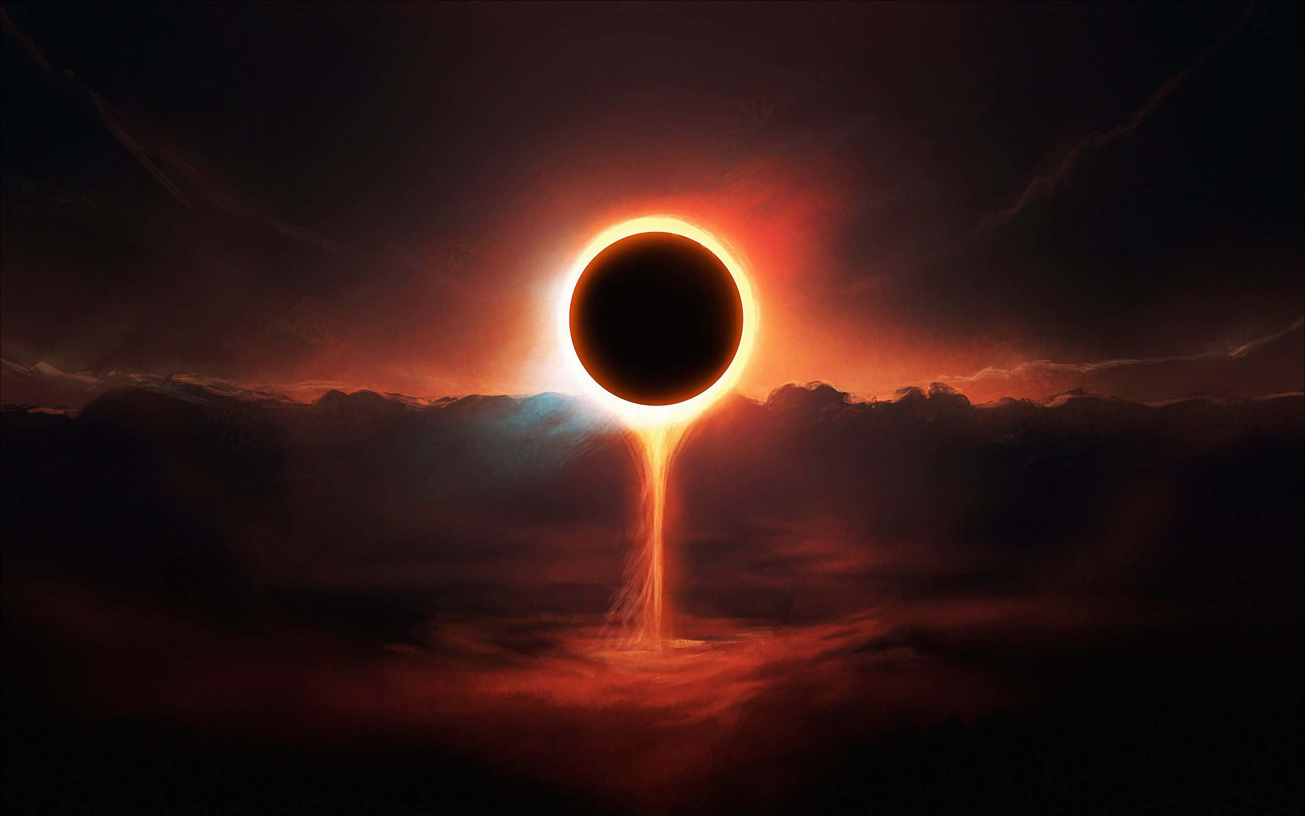Black Hole Sun 桌布 壁紙 — 戲劇性的日食，發光的日冕和火熱的光線在黑暗的天空中降入雲層。