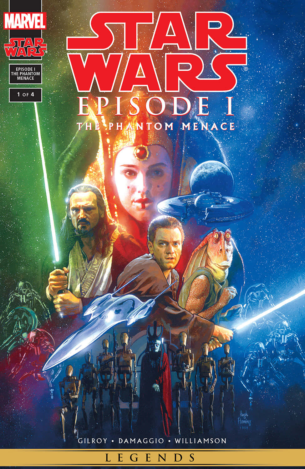 The Phantom Menace 桌布 壁紙 — 戲劇性的星際大戰漫畫封面， featuring 絕地武士、女王和機器人，背景是宇宙星空，有星艦和光劍。