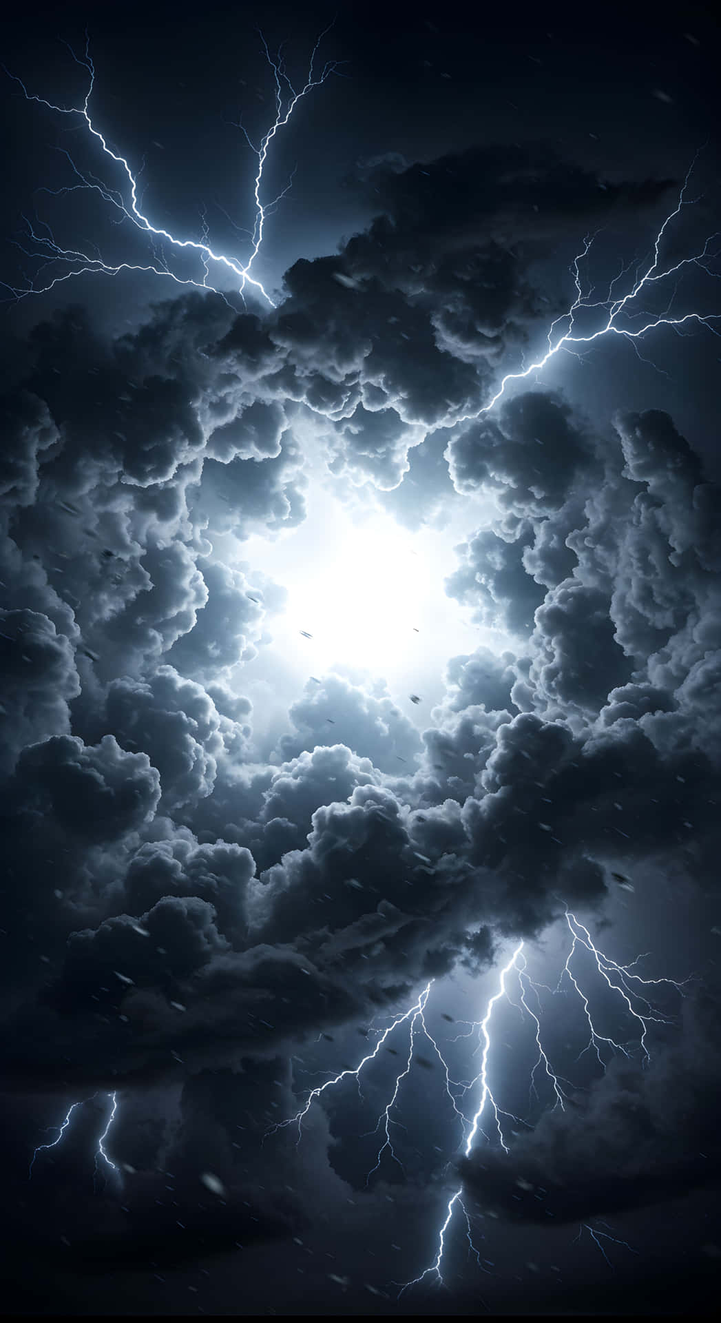Eye of the Fury 壁紙 — 戲劇性的暴風雨天空，鋸齒狀閃電劈開烏雲，環繞著耀眼中心光源。