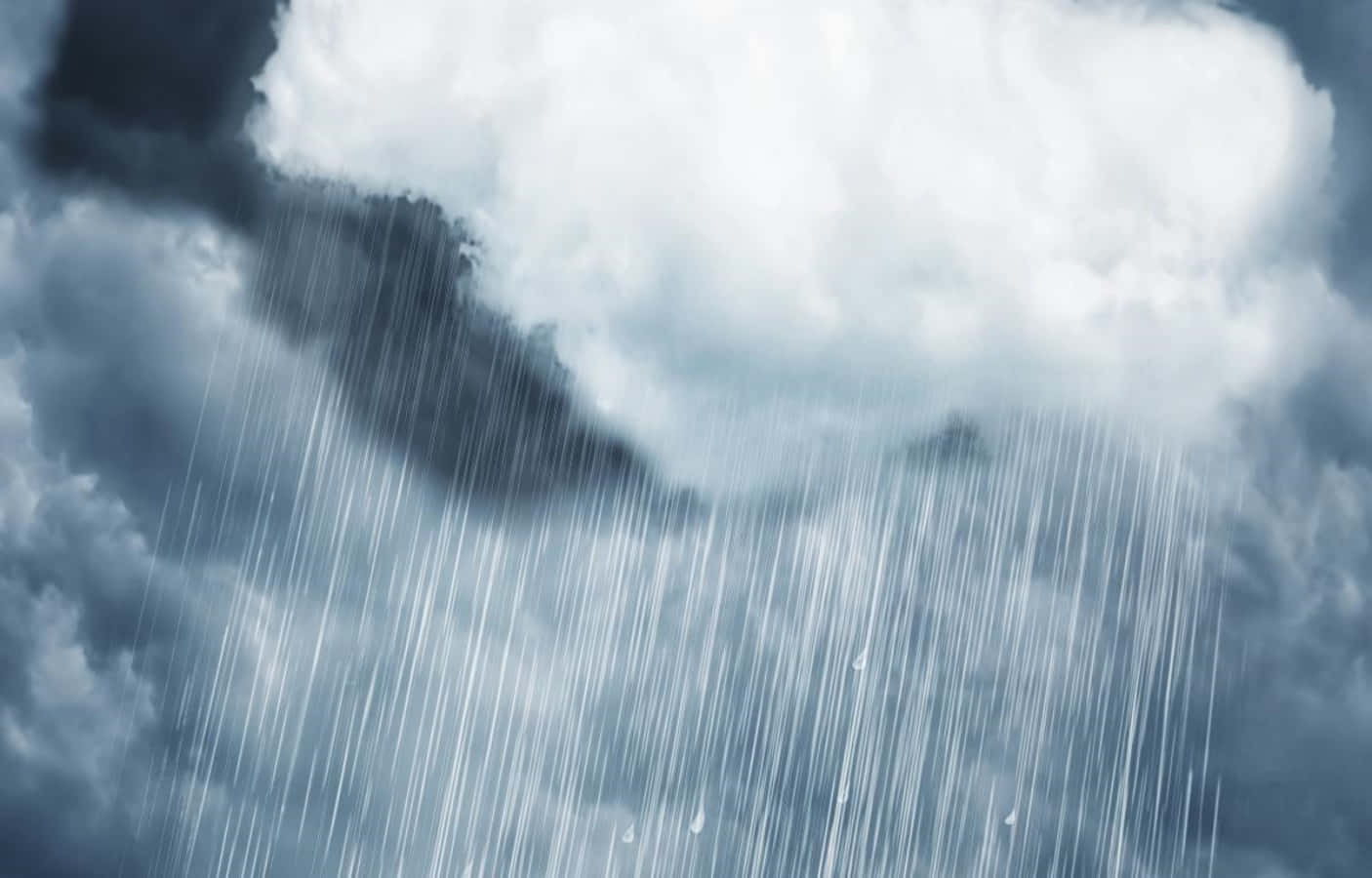 Raining 桌布 壁紙 — 戲劇性的暴風雲在憂鬱的藍灰色天空中釋放出大雨，帶有明顯的白色條紋。