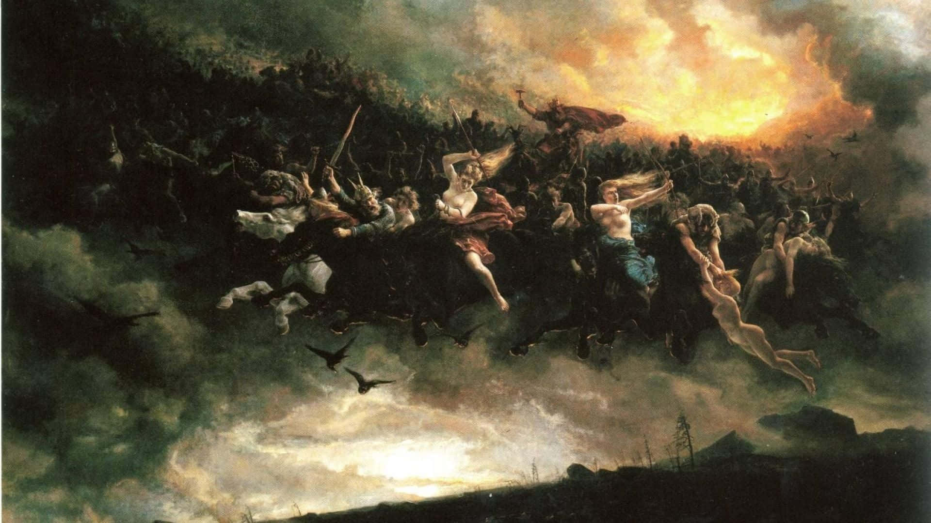 Norse Mythology 桌布 壁紙 — 戲劇性的油畫，描繪神話人物在日落時分騎馬穿越風暴天空。