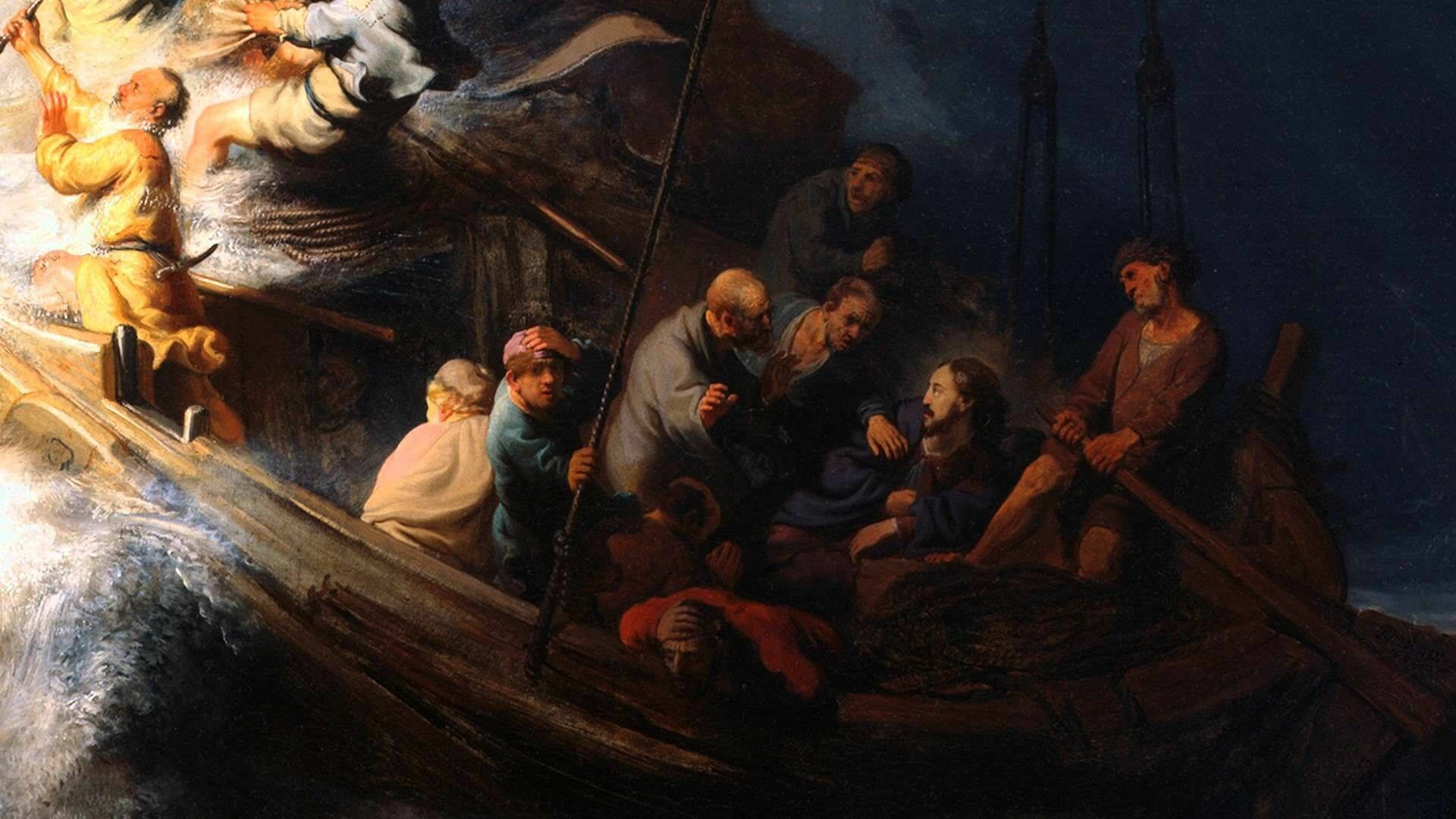 Rembrandt 桌布 壁紙 — 戲劇性的油畫，描繪耶穌平息風暴，驚恐的門徒在波濤洶湧的海面上緊抓著木船。