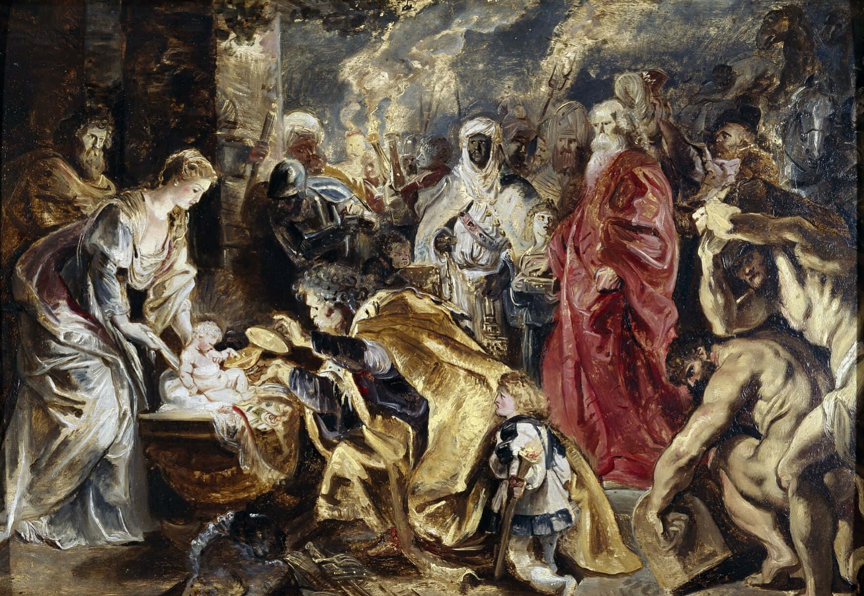 Religious Art 桌布 壁紙 — 戲劇性的油畫描繪了一個擁擠的聖經場景，人物身著飄逸長袍，圍繞著金色搖籃中的嬰兒。