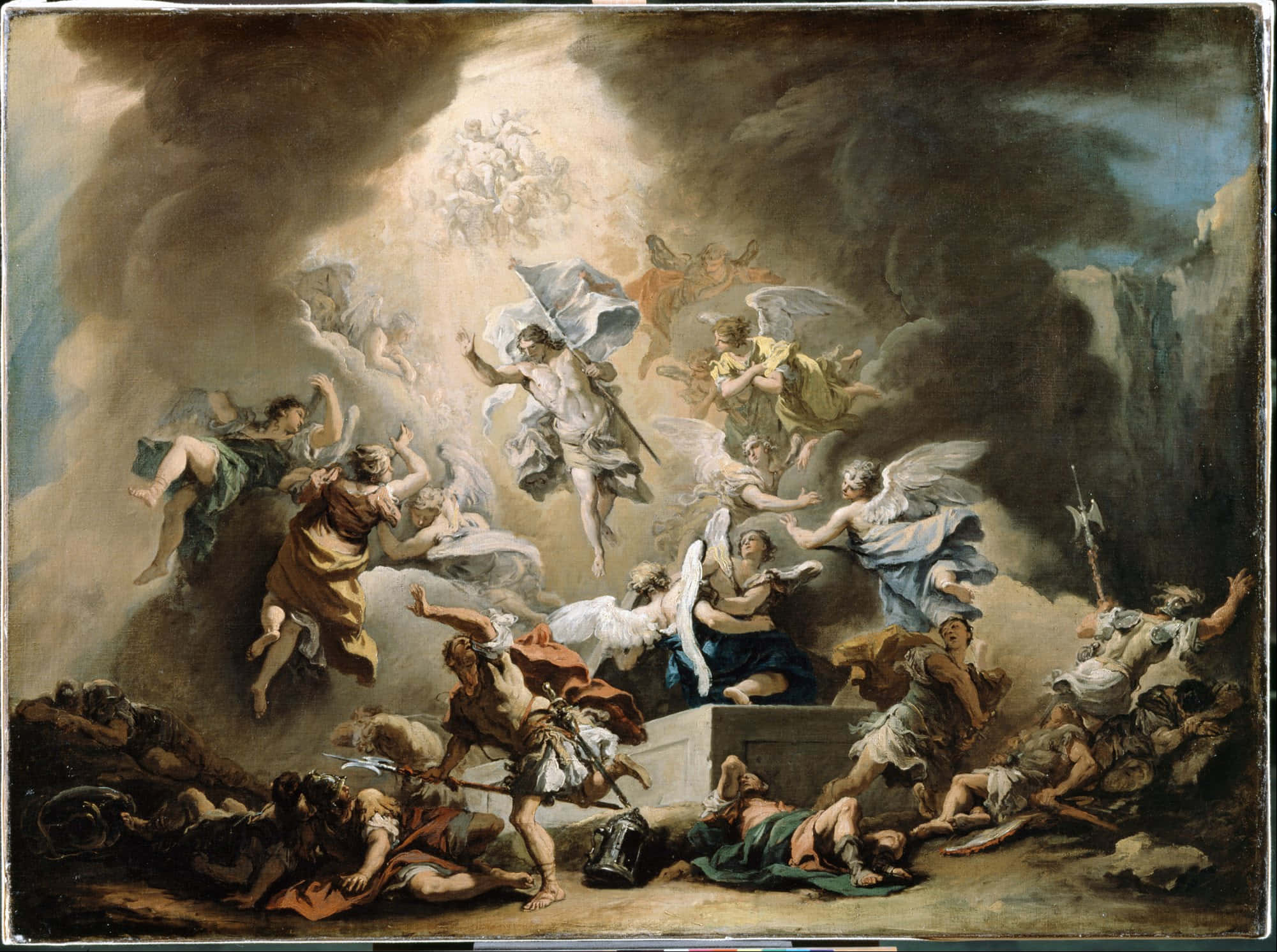 Resurrection 桌布 壁紙 — 戲劇性的油畫描繪神聖存在穿過暴風雲層升天，而下面的凡人掙扎並墜落。