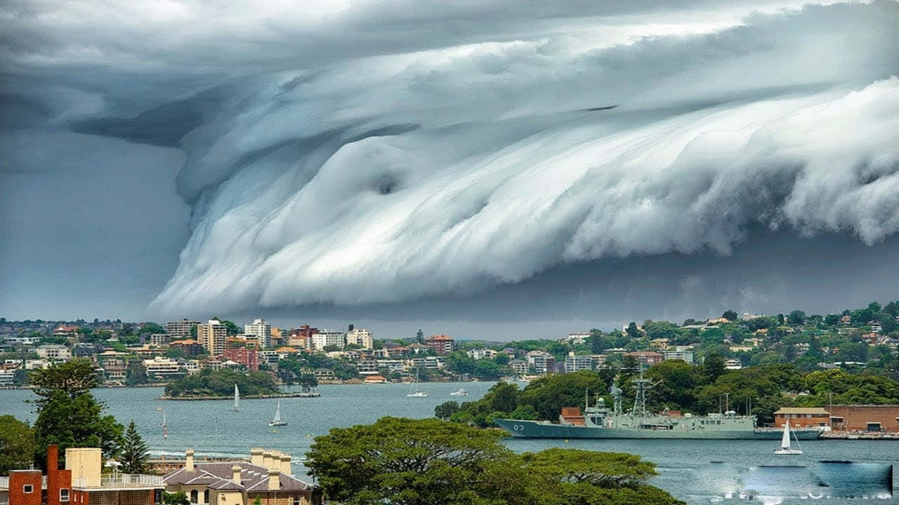 Hurricane 桌布 壁紙 — 戲劇性的波浪狀雲層籠罩著下方有船隻和綠色山丘的海岸城市景觀。