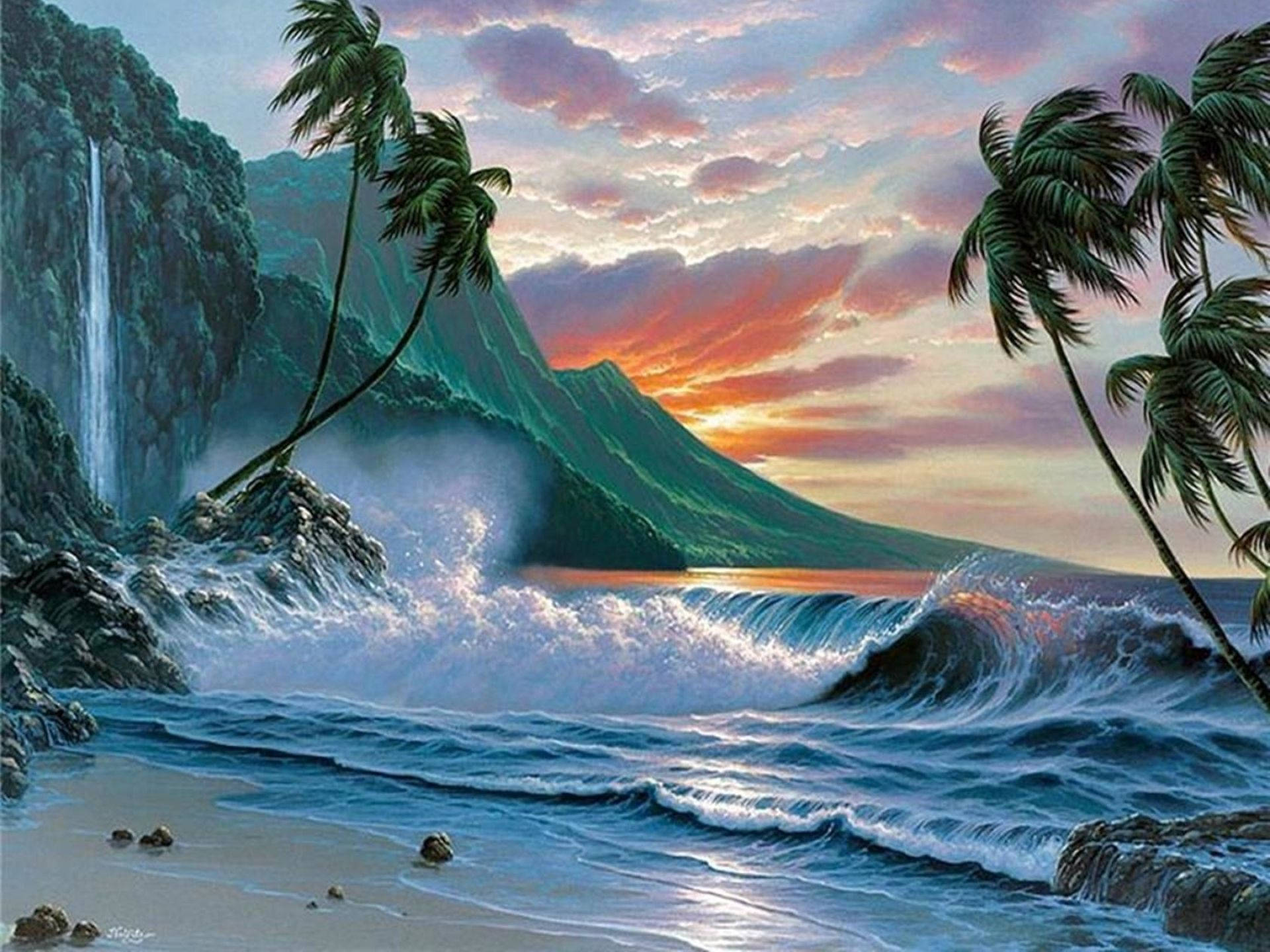 Wave 桌布 壁紙 — 戲劇性的熱帶日落，海浪拍打，棕櫚樹，以及從鬱鬱蔥蔥的綠色懸崖上傾瀉而下的瀑布。