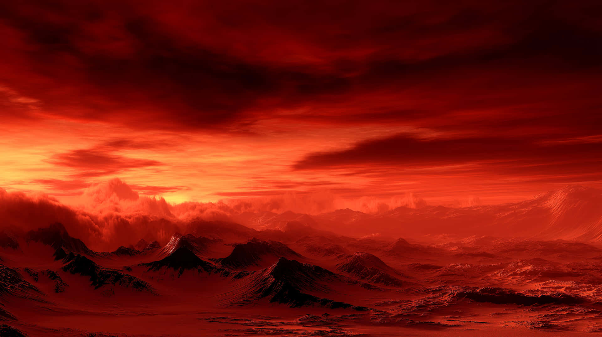 Dramatic Crimson Sky Over Rugged, Snow-Dusted Mountain Range Landscape 壁紙 — 戲劇性的紅色天空，捲動的雲層籠罩在鋸齒狀的山峰之上，伴隨著強烈的橙色光芒。