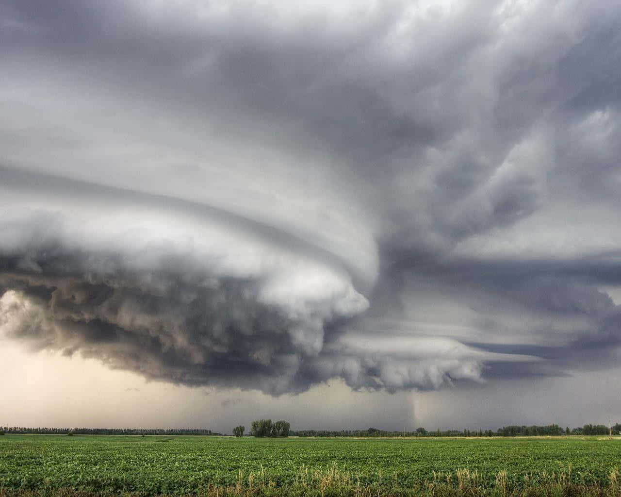 North Dakota 桌布 壁紙 — 戲劇性的風暴雲層形成籠罩著廣闊的綠色田野，遠處有樹木，天空陰沉。