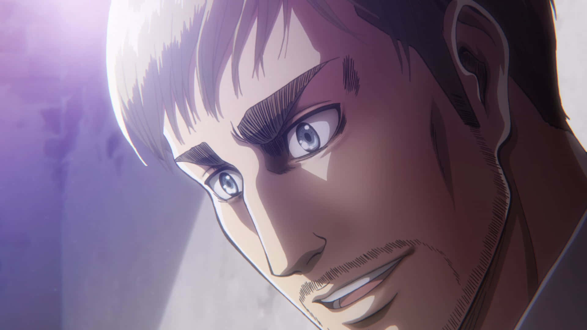 Attack On Titan Season 2 桌布 壁紙 — 戲劇性紫色燈光下，一位眼神銳利、短髮的堅定男子動畫特寫肖像。
