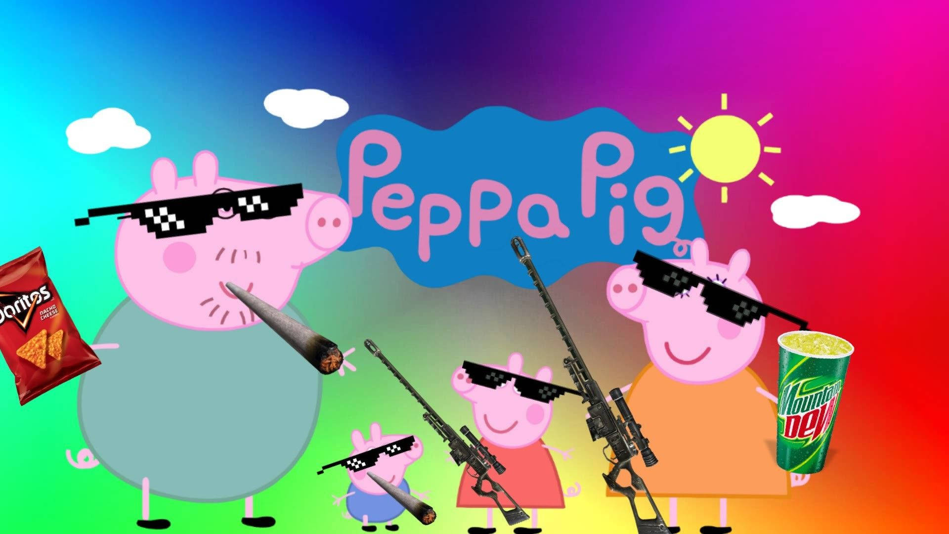 佩佩豬 桌布 壁紙 — 戴太陽眼鏡的Peppa Pig角色在彩虹天空和太陽背景下拿著槍和零食。