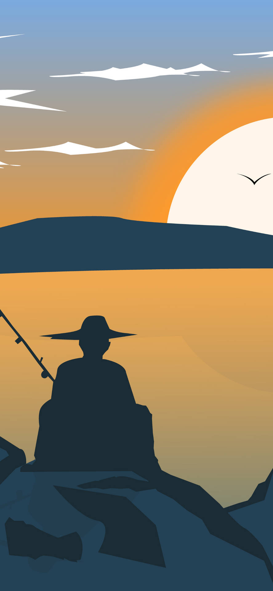 漁夫剪影在日落時分於岩石海岸釣魚，頭頂有鳥飛過。 — 釣魚 GIF 壁紙