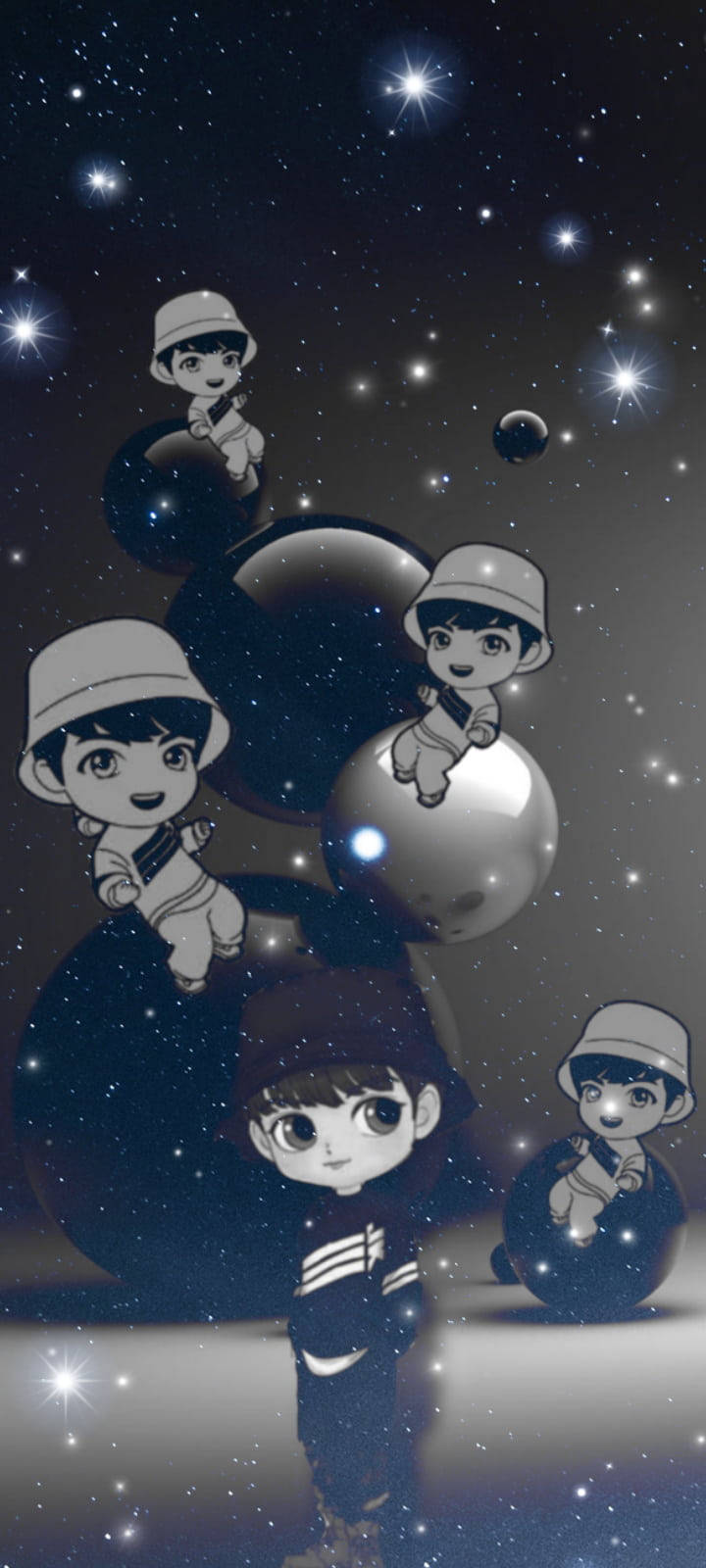 Tinytan 桌布 壁紙 — 戴帽子的Q版動漫角色漂浮並站在發光球體上，背景是星空宇宙。