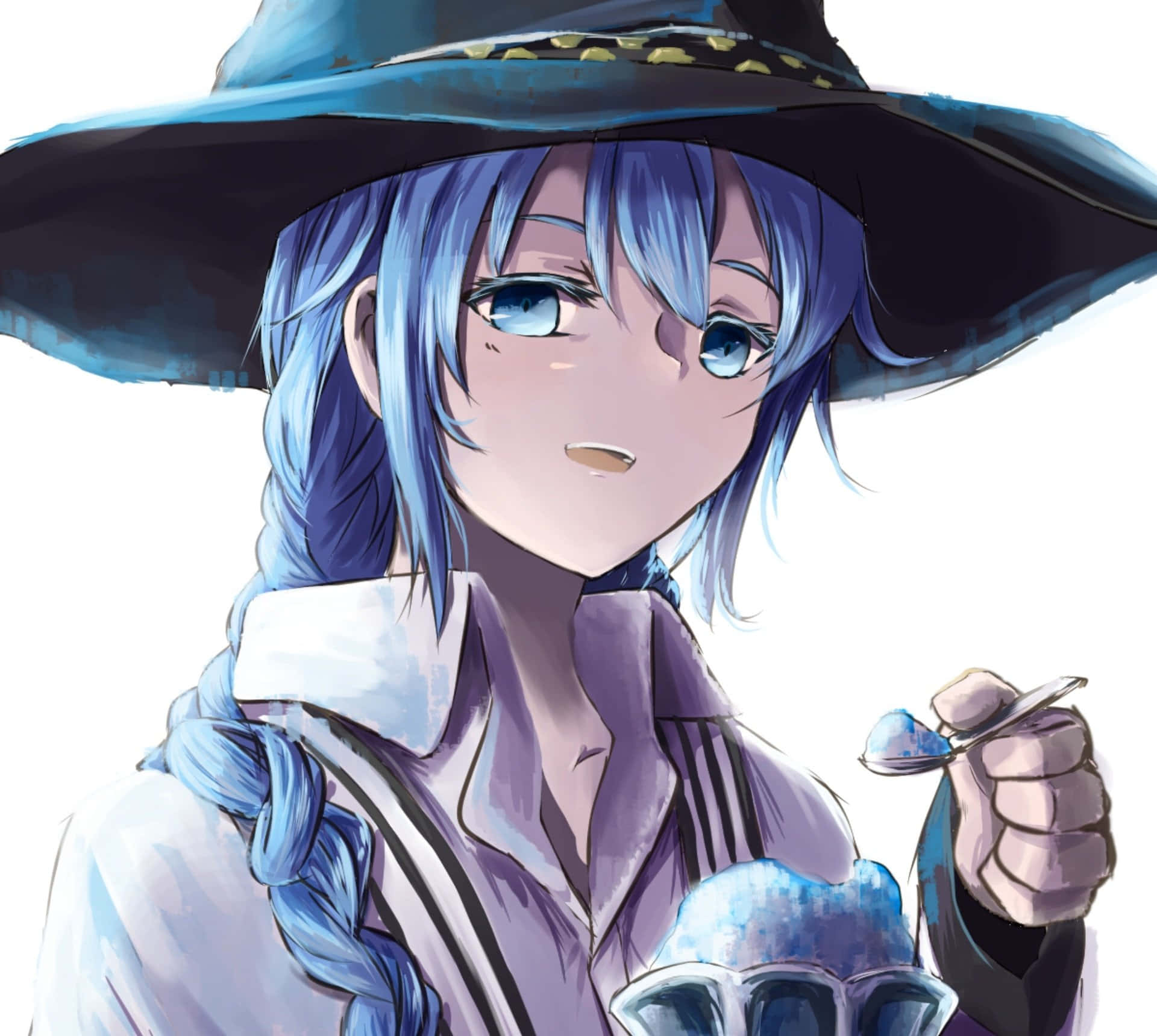 戴帽子的藍髮女孩正在吃冰淇淋 壁紙