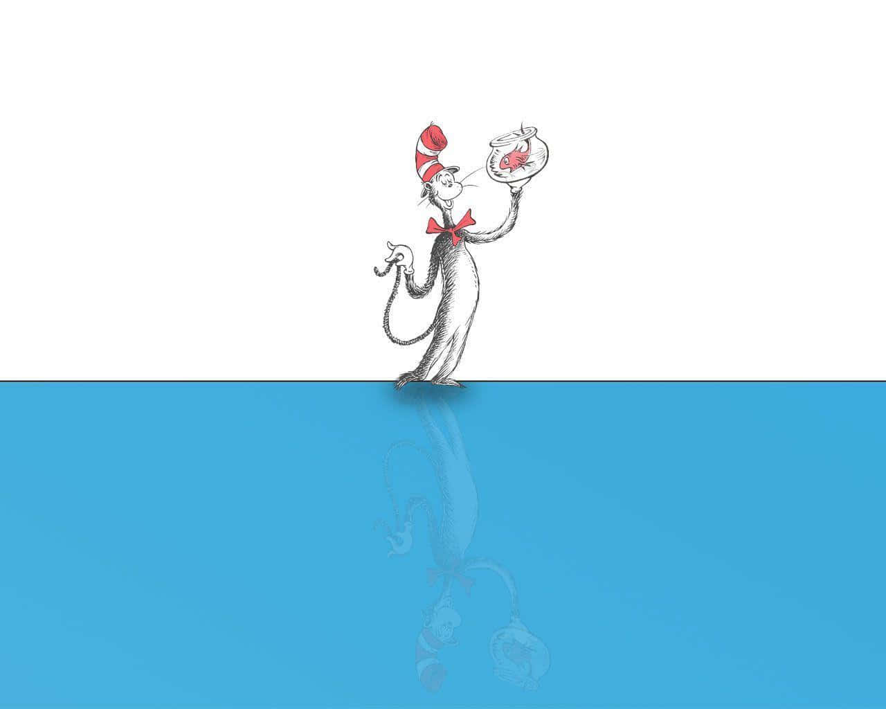Dr Seuss 桌布 壁紙 — 戴帽子的貓站在藍色表面上，手持一個內有魚的魚缸，下方有倒影。