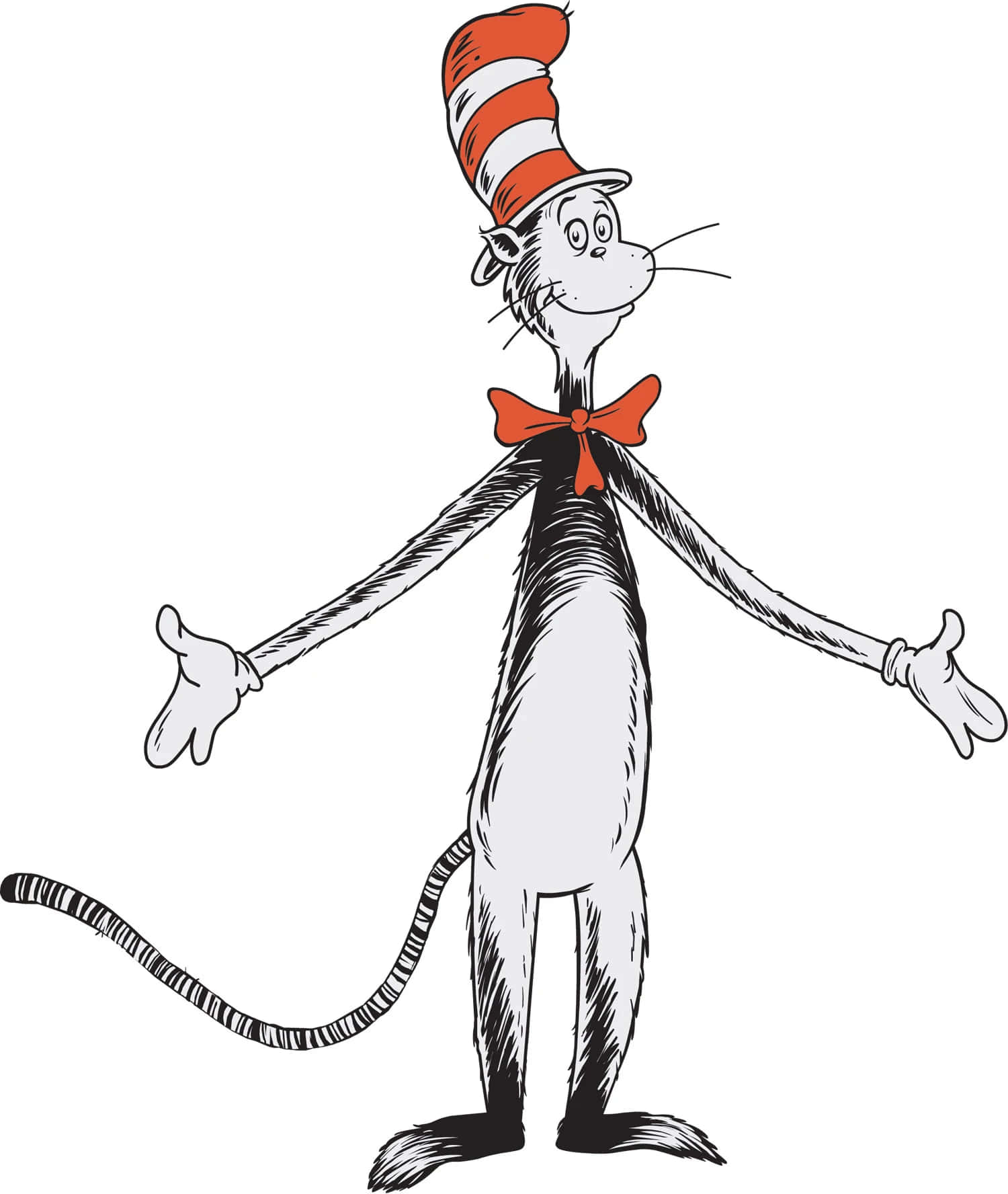 Cat In The Hat 桌布 壁紙 — 戴帽子的貓高高站立，雙臂伸展，戴著其標誌性的紅白條紋帽子和紅色領結。
