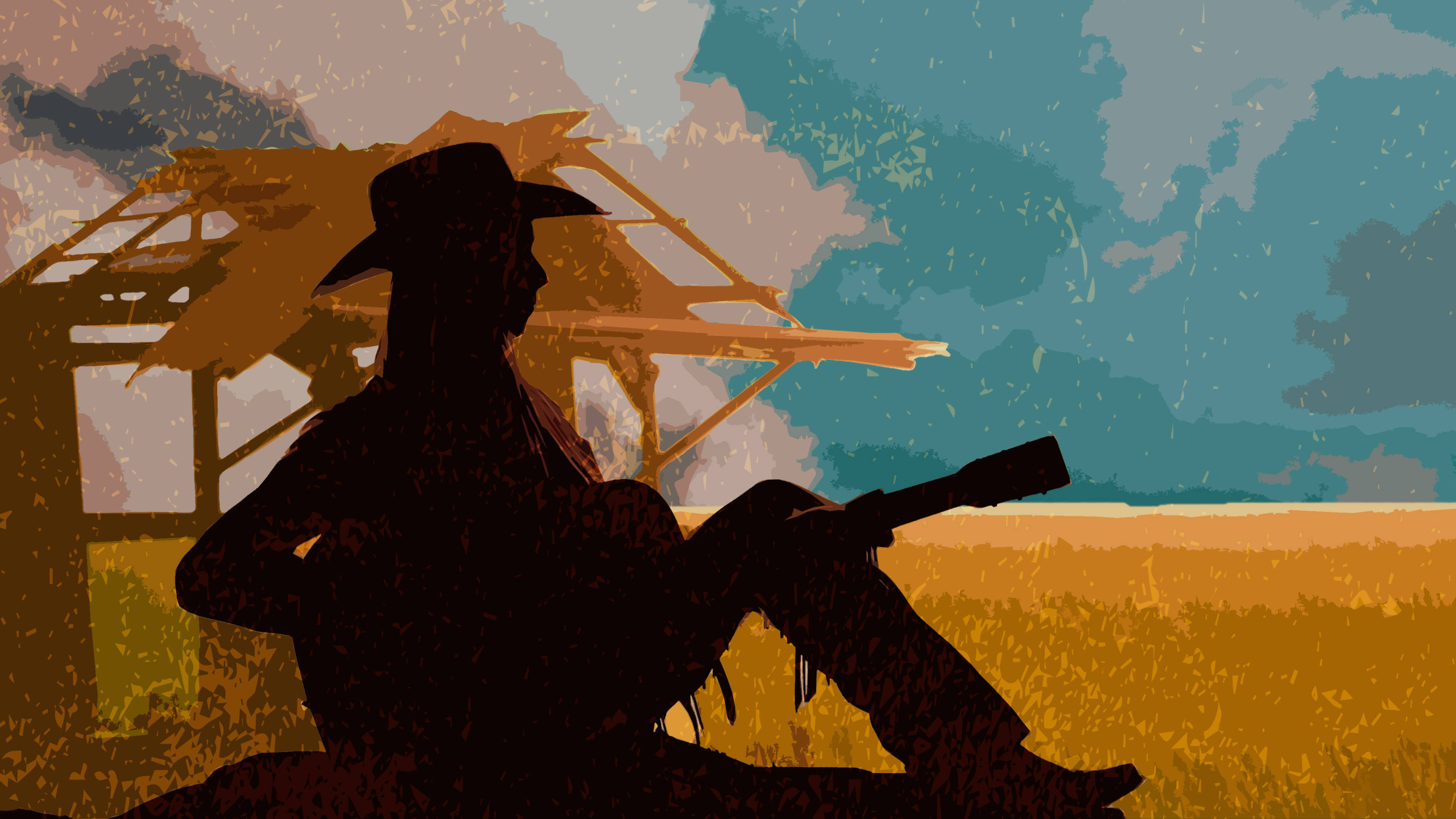 Cowgirl 桌布 壁紙 — 戴帽持步槍的牛仔剪影坐在破舊穀倉旁，背景是帶紋理的青綠色和橙色天空。