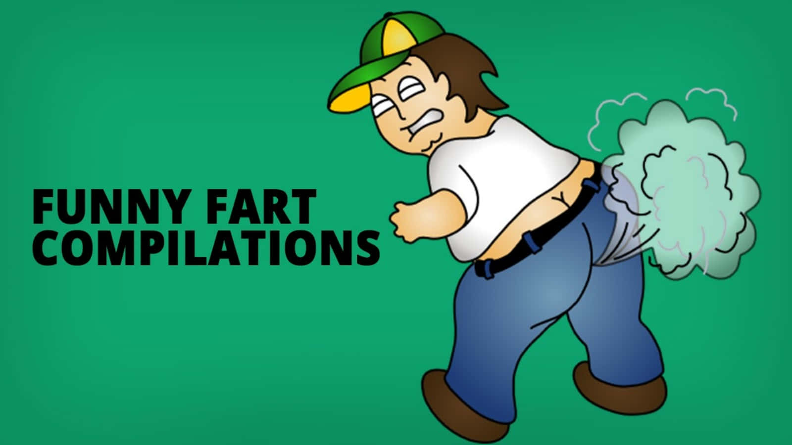Fart 桌布 壁紙 — 戴帽穿牛仔褲的卡通男人在綠色背景上放屁綠色雲並大笑，附有文字。