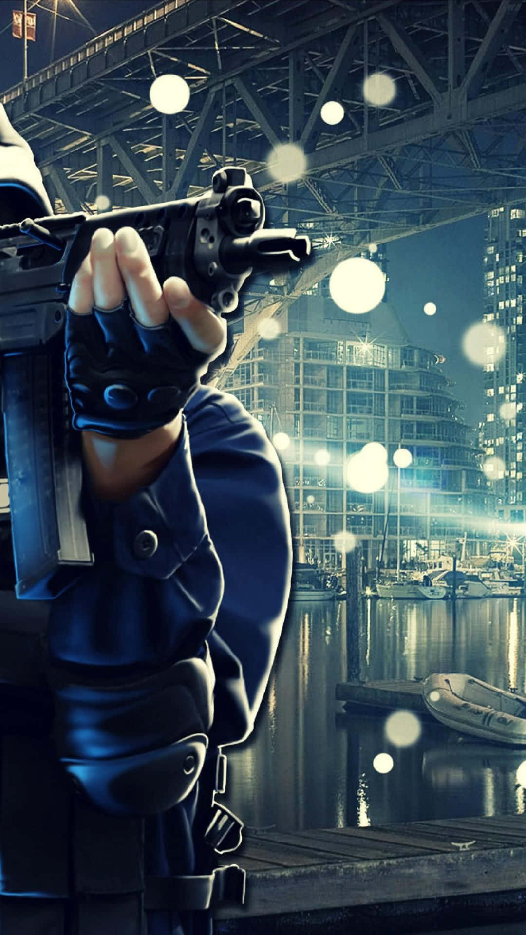 iPhone Xs Max Counter-strike Global Offensive 桌布 壁紙 — 戴手套的手在夜晚橋下握著槍械，發光的散景燈光在水面上反射。