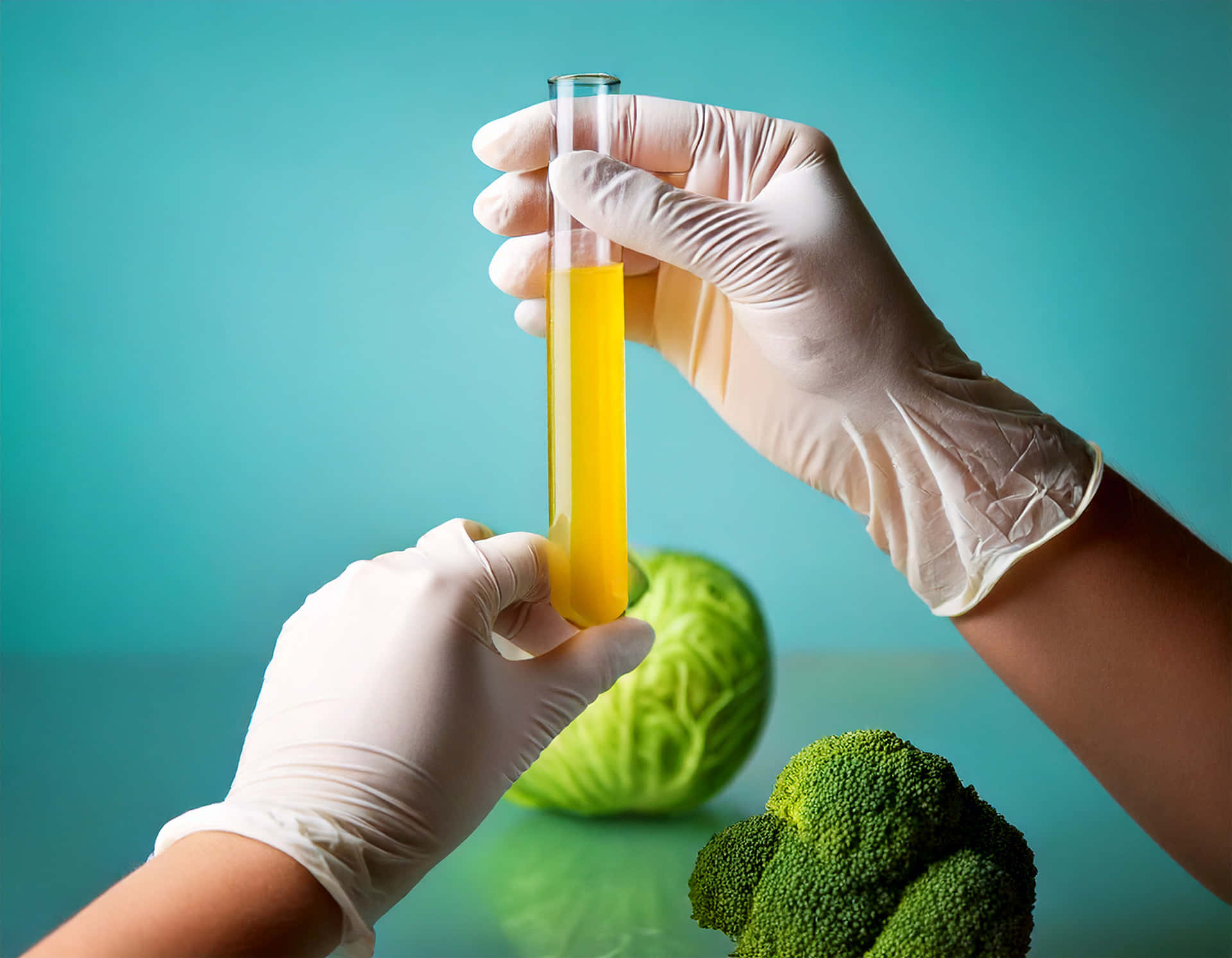 Lab scene 壁紙 — 戴手套的手拿著裝有黃色液體的試管，放在新鮮綠色西蘭花和高麗菜上方，背景為青綠色。