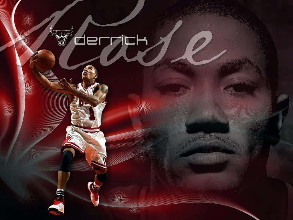 derrick rose 桌布 壁紙 — 戴瑞克·羅斯在半空中跳起投籃，背景是動態的紅黑色，並疊加了他的面部肖像。