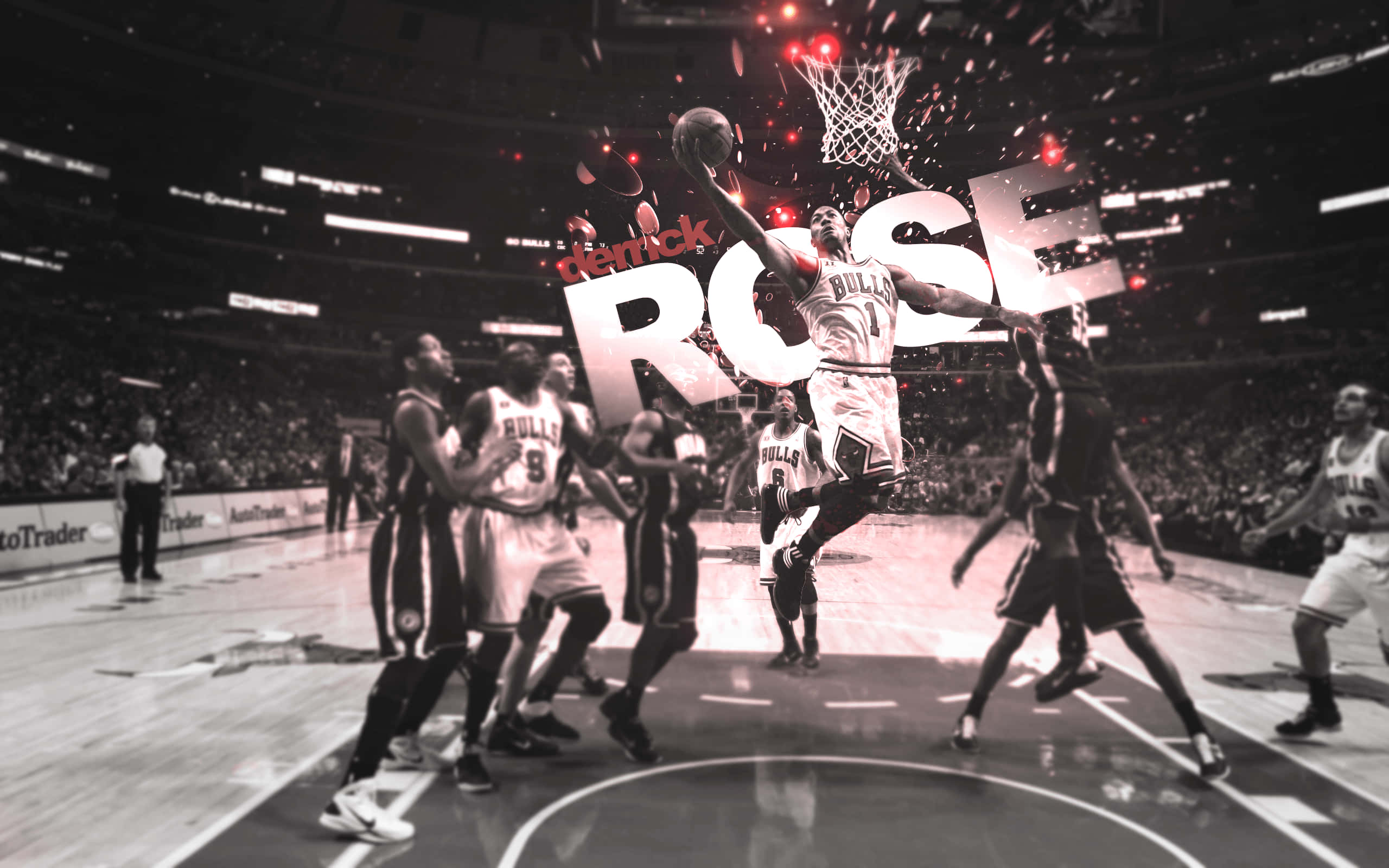 derrick rose 桌布 壁紙 — 戴瑞克·羅斯在空中飛翔，完成一次戲劇性的灌籃，火花四濺，他的名字在身後發光，背景是高對比度的籃球場。