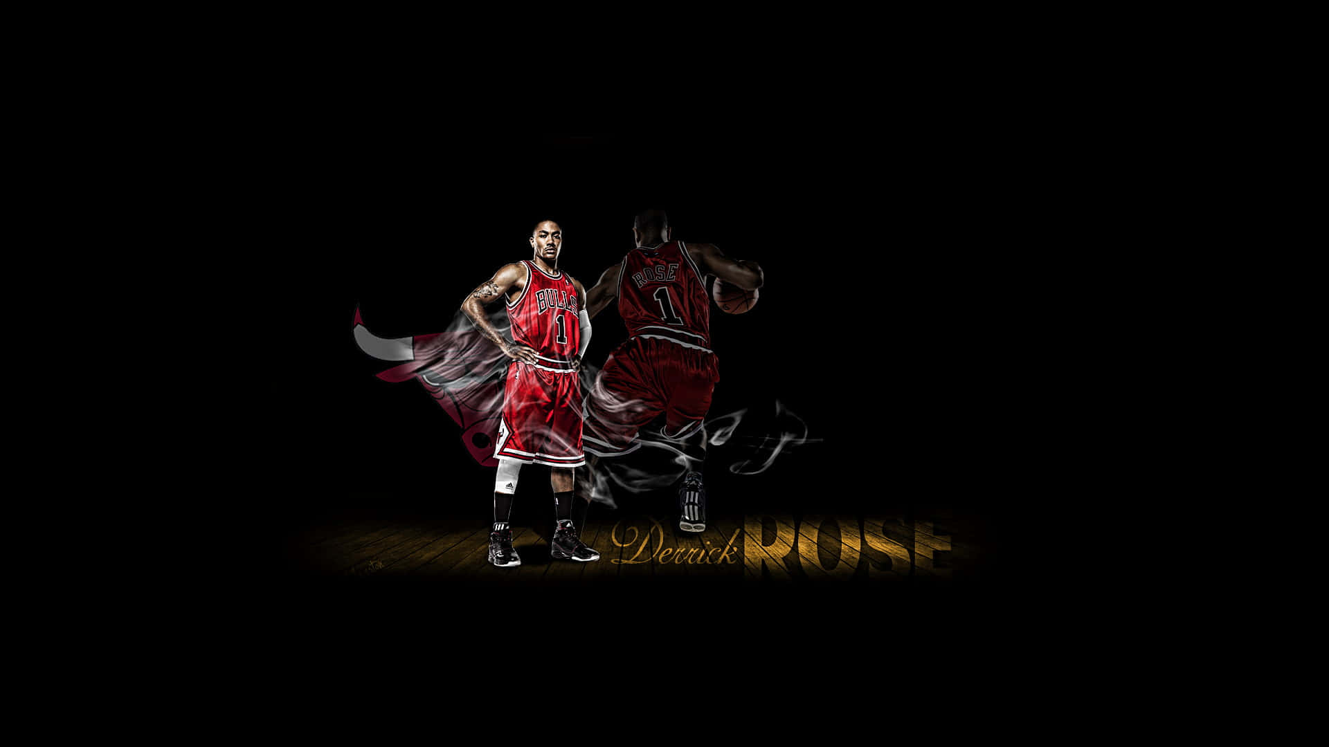derrick rose 桌布 壁紙 — 戴瑞克·羅斯身穿紅色芝加哥公牛隊球衣，在黑色背景前自信站立，下方有發光金色名字。