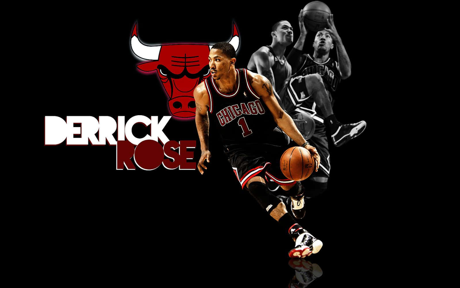derrick rose 桌布 壁紙 — 戴瑞克·羅斯身穿芝加哥公牛隊球衣，在黑色背景前運球，球上有球隊標誌和名稱圖案。
