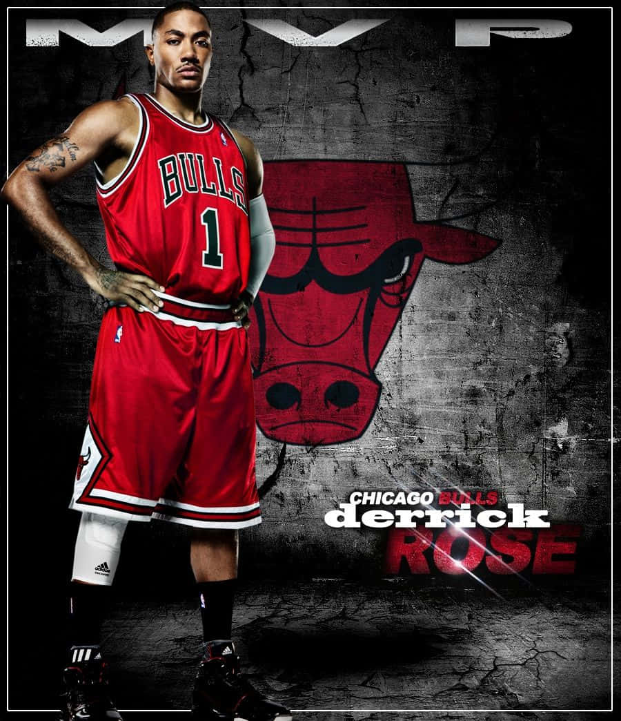 derrick rose 桌布 壁紙 — 戴瑞克羅斯身穿芝加哥公牛隊球衣，自信地站在印有球隊標誌和「MVP」字樣的裂牆前。