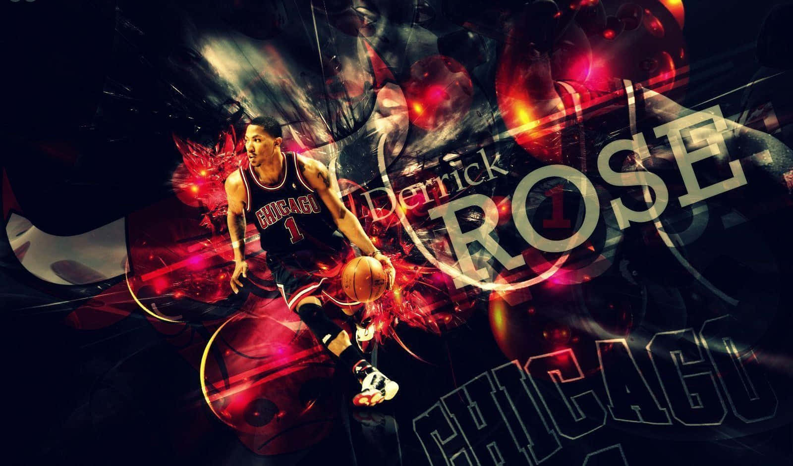 derrick rose 桌布 壁紙 — 戴瑞克羅斯身穿芝加哥公牛隊球衣，在火紅和黑色的抽象能量爆發中運球。