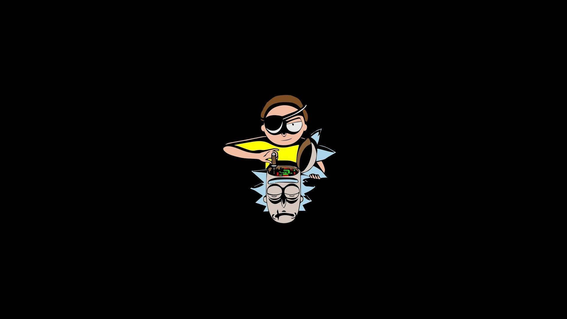 rick 桌布 壁紙 — 戴眼罩的卡通角色在黑色背景上將裝置舉在倒置的頭上方。