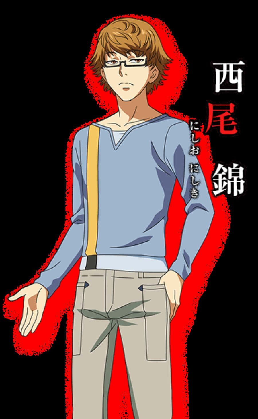 Nishiki Nishio 桌布 壁紙 — 戴眼鏡、棕色亂髮的動漫角色，站在黑色背景上，襯托著大膽的紅色輪廓。