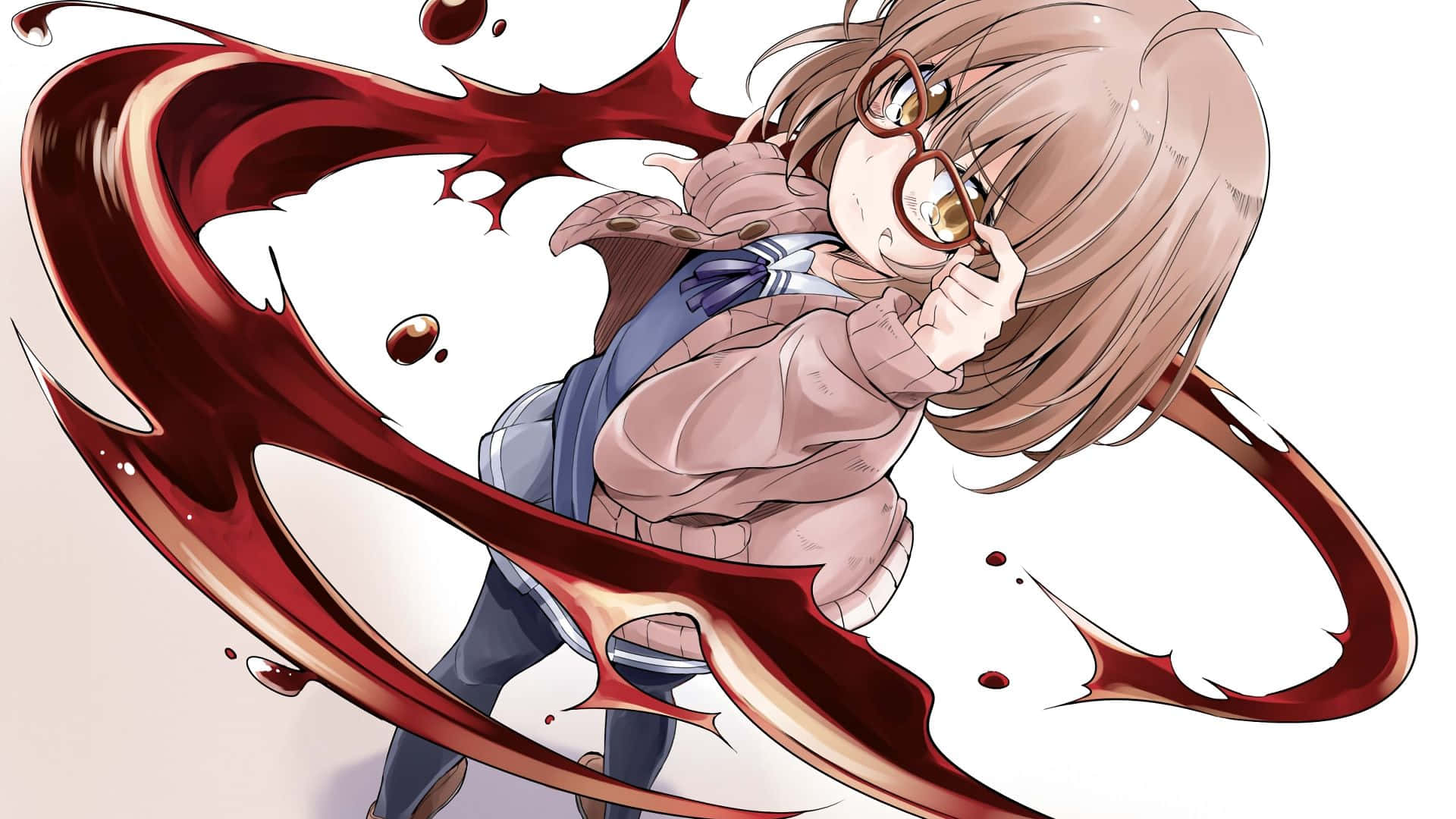 Mirai 桌布 壁紙 — 戴眼鏡、棕色頭髮的動漫女孩被動態旋轉的紅色液體包圍。