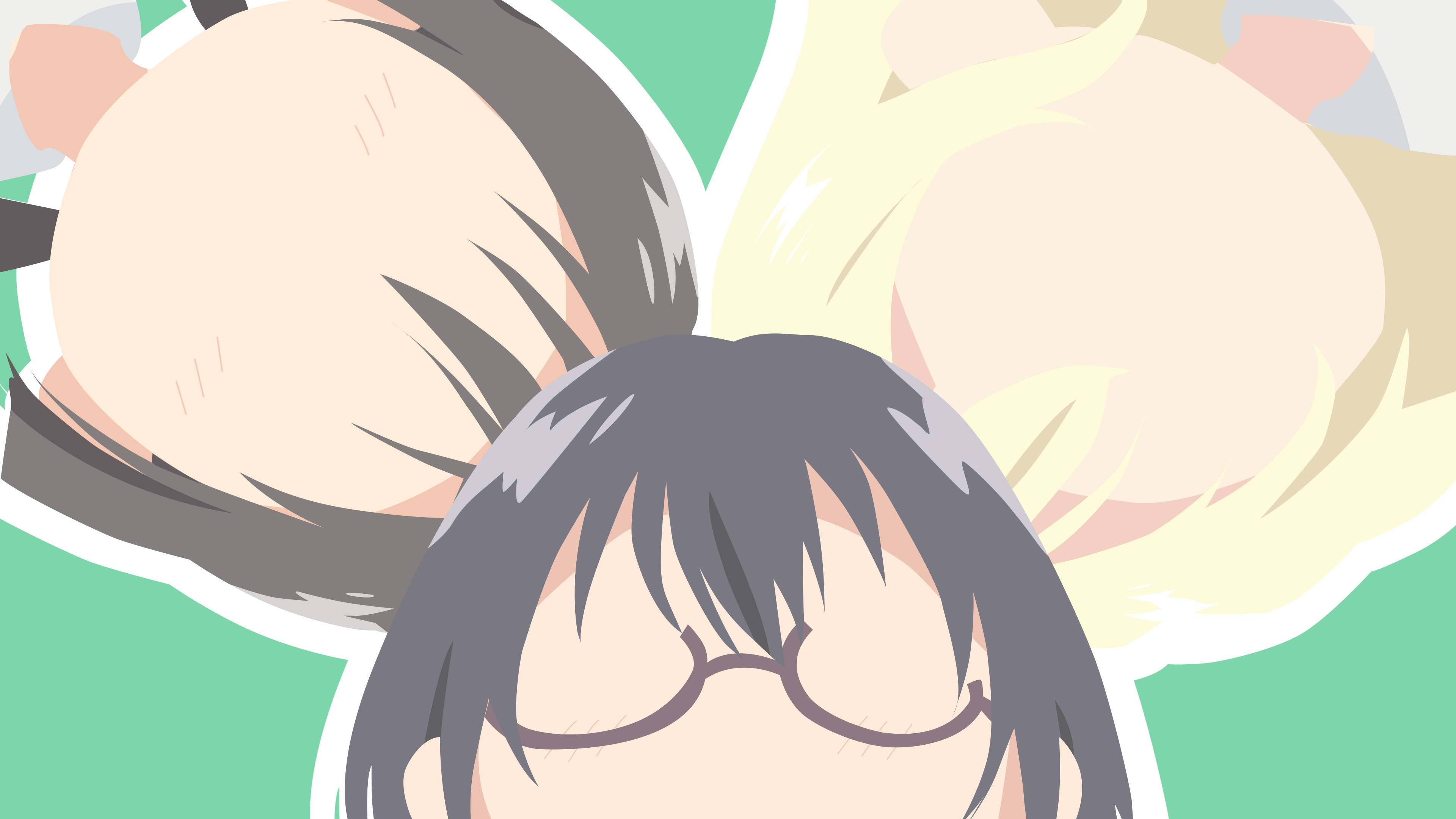 asobi asobase 桌布 壁紙 — 戴眼鏡、深色頭髮的動漫女孩低頭看著，兩個有耳朵的大毛茸茸的頭從她身後探出來。
