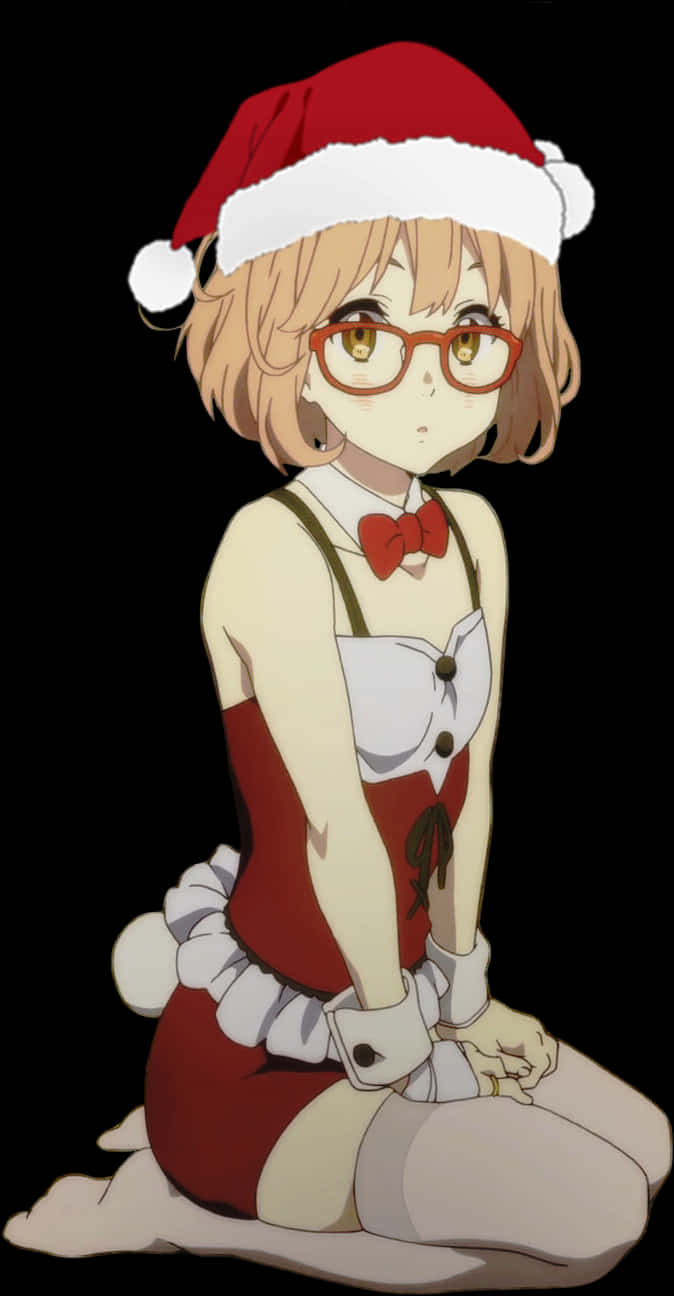 Anime Render 桌布 壁紙 — 戴眼鏡、短金髮的動漫女孩穿著紅色聖誕老人服裝，在黑色背景前跪下。