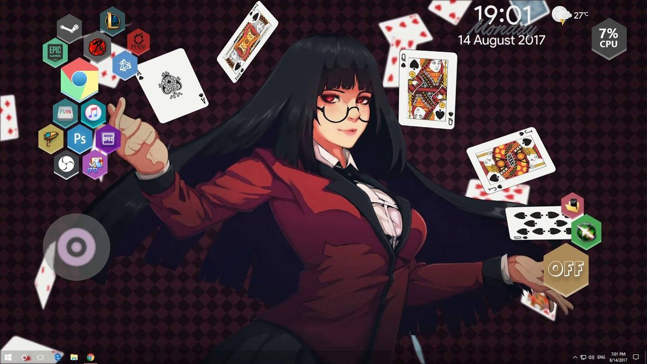 Kakegurui 桌布 壁紙 — 戴眼鏡、穿紅色西裝外套的動漫女孩，被漂浮的撲克牌和應用程式圖標包圍在格子背景上。
