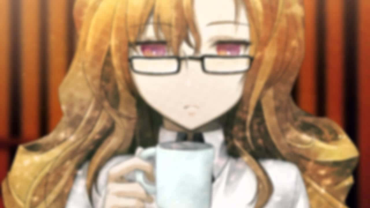 Moeka Kiryu 桌布 壁紙 — 戴眼鏡、長金髮的動漫女孩在溫暖的木質背景前拿著馬克杯。