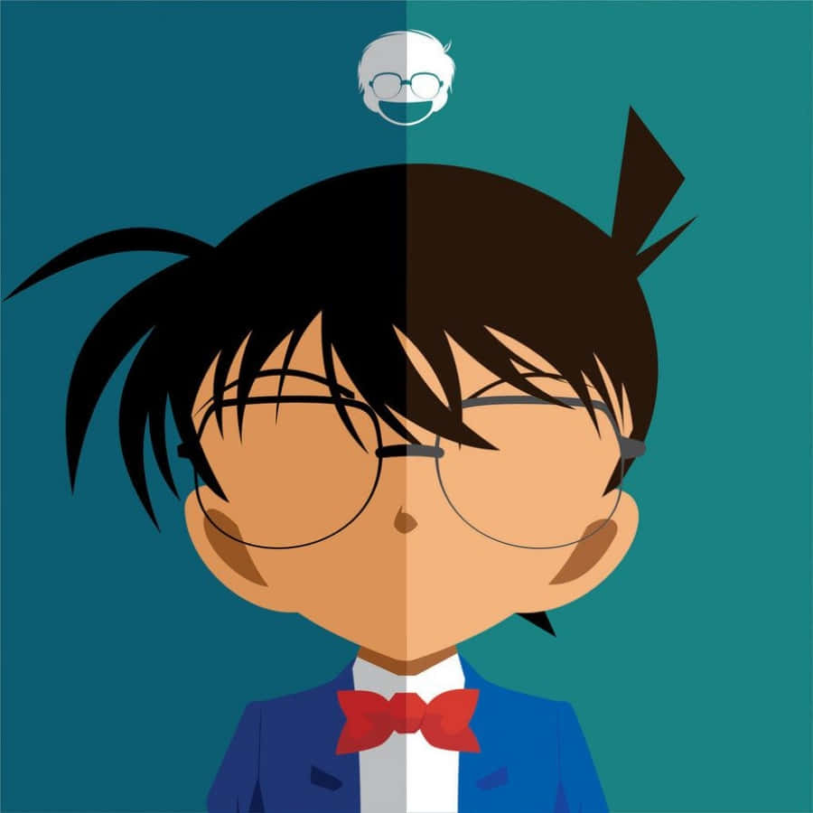 Detective Conan 桌布 壁紙 — 戴眼鏡和紅色蝴蝶結的動漫角色垂直分割，一半暗一半亮，上方有一個漂浮的白色頭部。