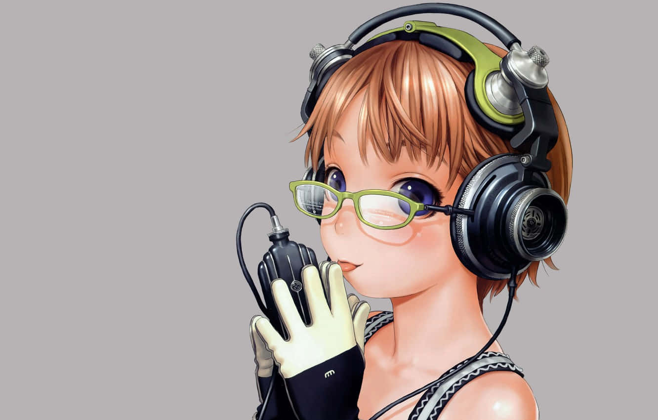 動畫 桌布 壁紙 — 戴眼鏡和耳機的動漫女孩在純灰色背景前拿著麥克風。