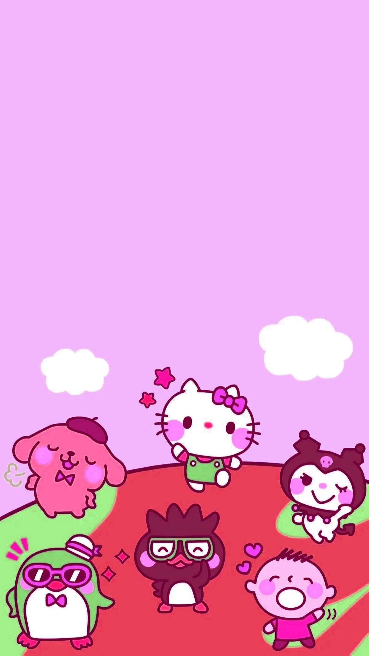 Sanrio Desktop 桌布 壁紙 — 戴眼鏡和蝴蝶結的可愛卡通角色站在紅色山丘上，背景是柔和的粉紅色天空和蓬鬆的雲朵。